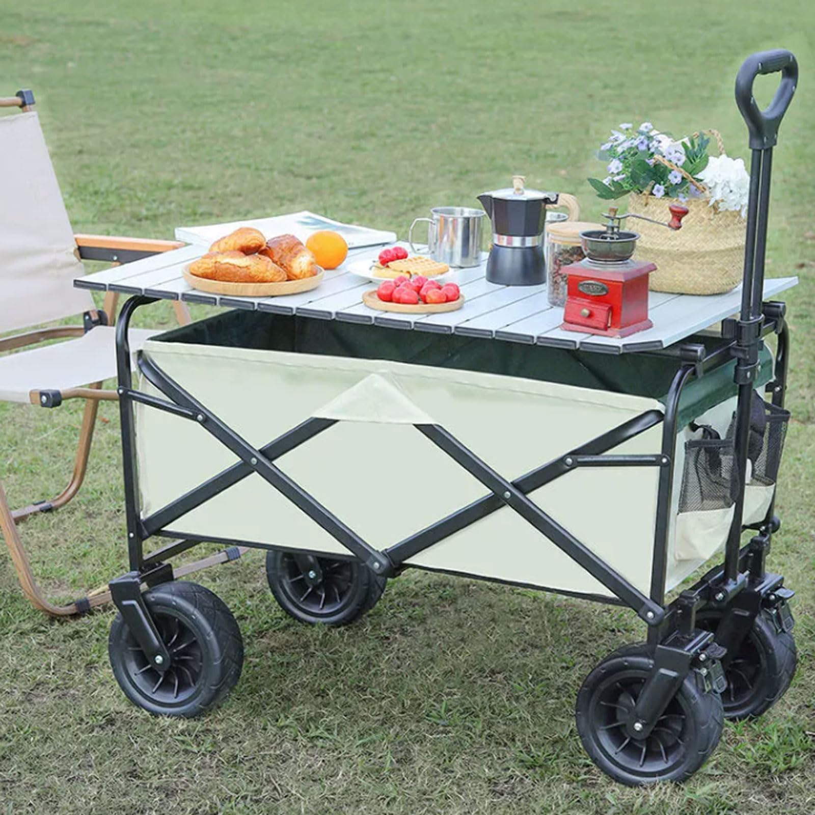 Carrello pieghevole per attività all'aperto, grande capacità, con ruote, manico regolabile e tavolo integrato, per campeggio e giardino
