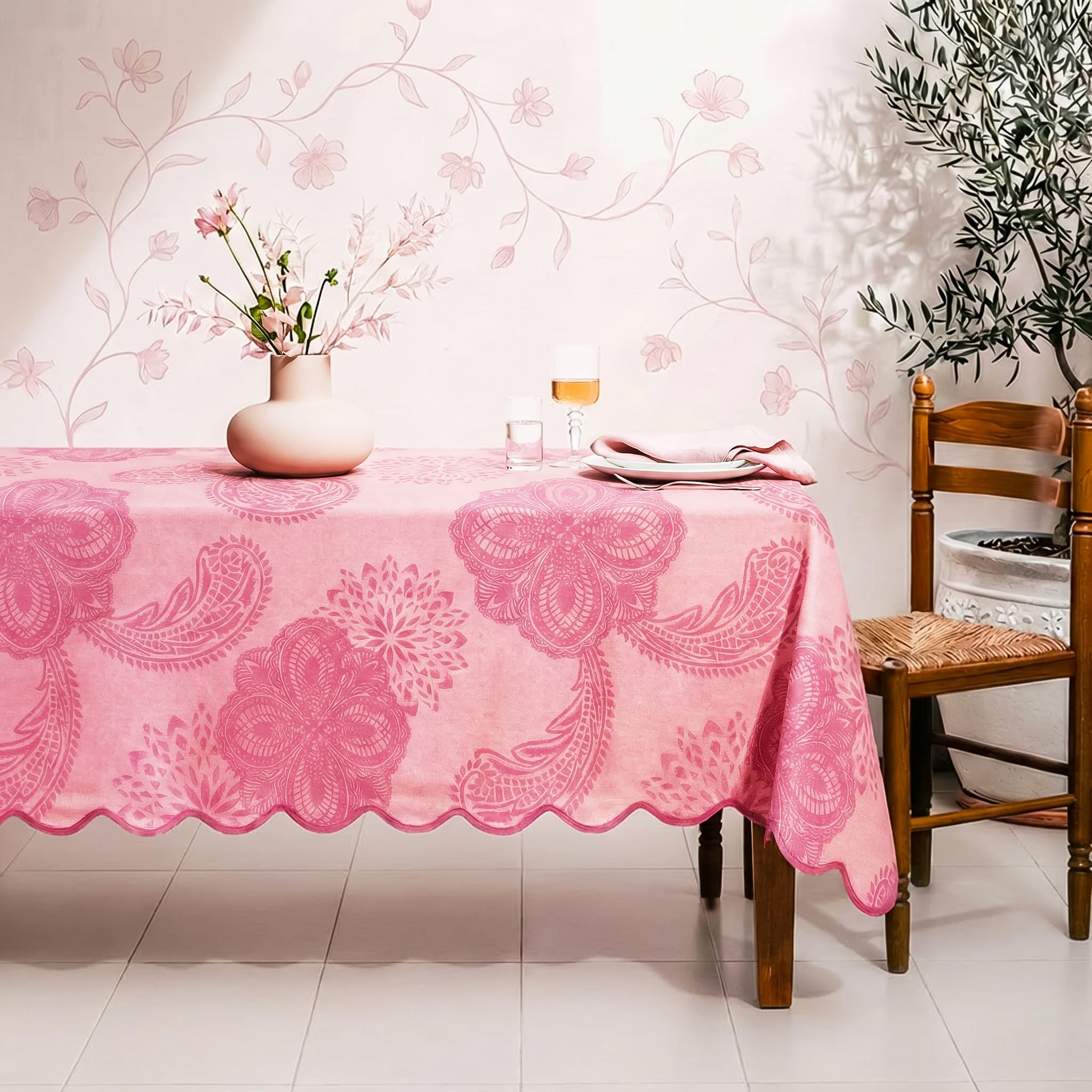 Printed Rectangle Tablecloth for 4 Seater Dining Table | Scalloped Edge Table Cover | Washable Fabric Dining Table Linen-Onion Pink (190 x 150 CM)-image-15