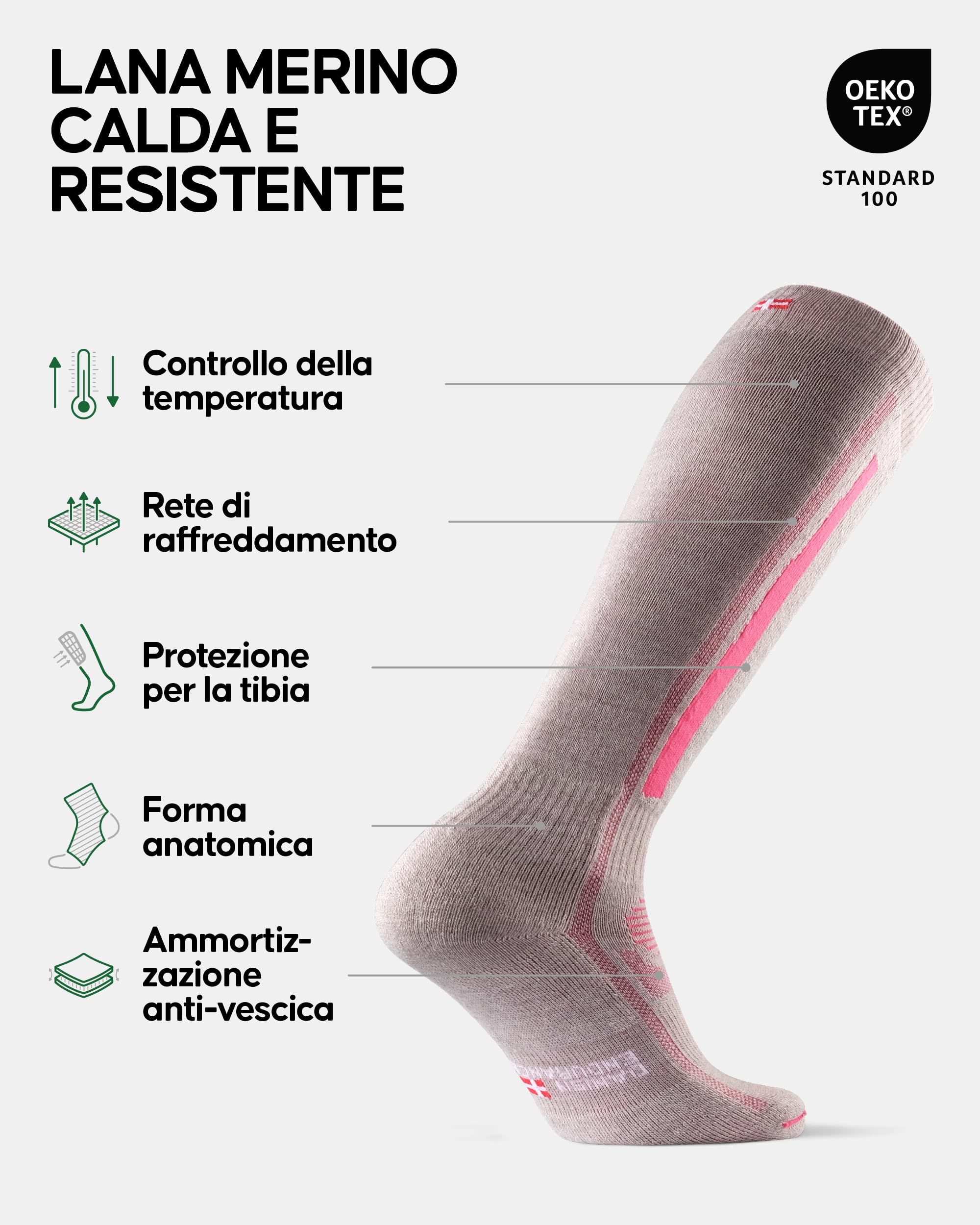 DANISH ENDURANCE Calze da Sci in Lana Merino, Termiche, Tecniche, Traspiranti, Uomo, Donna e Bambino