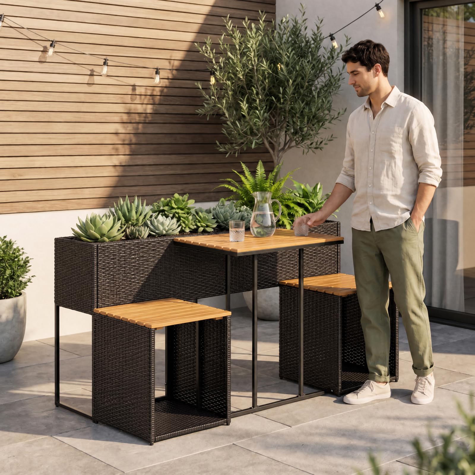 GIANTEX Juego de Muebles de Exterior con Jardinera Elevada, para 2 Personas (Marrón)