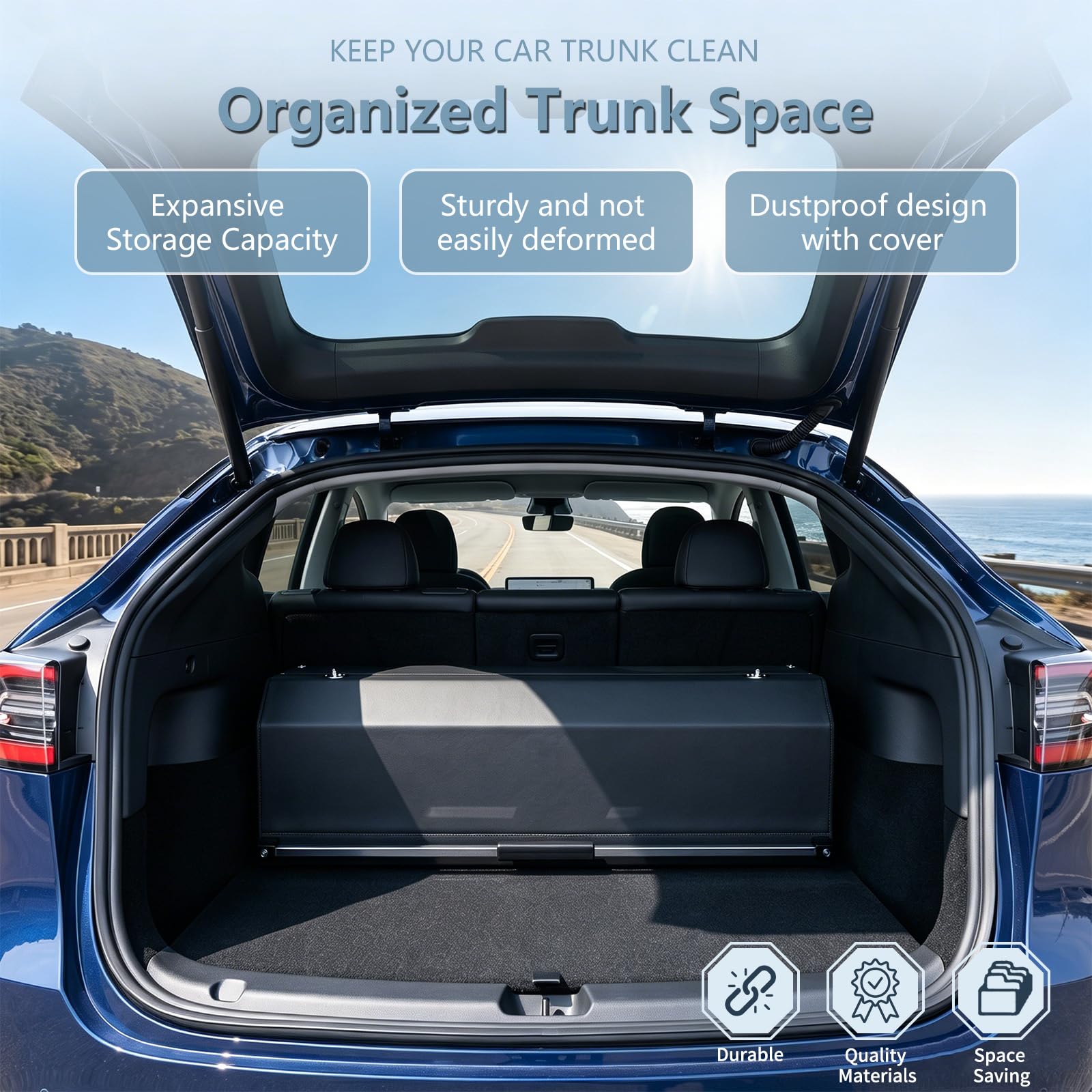 Großer XXL Auto Kofferraum Organizer mit Deckel – Premium NAPPA Leder, Vordertür & Tragbarer Push-Pull-Griff, Stabiler Universal Aufbewahrungsbox für SUVs & Fahrzeuge (Schwarz, 101 * 29 * 31 cm)