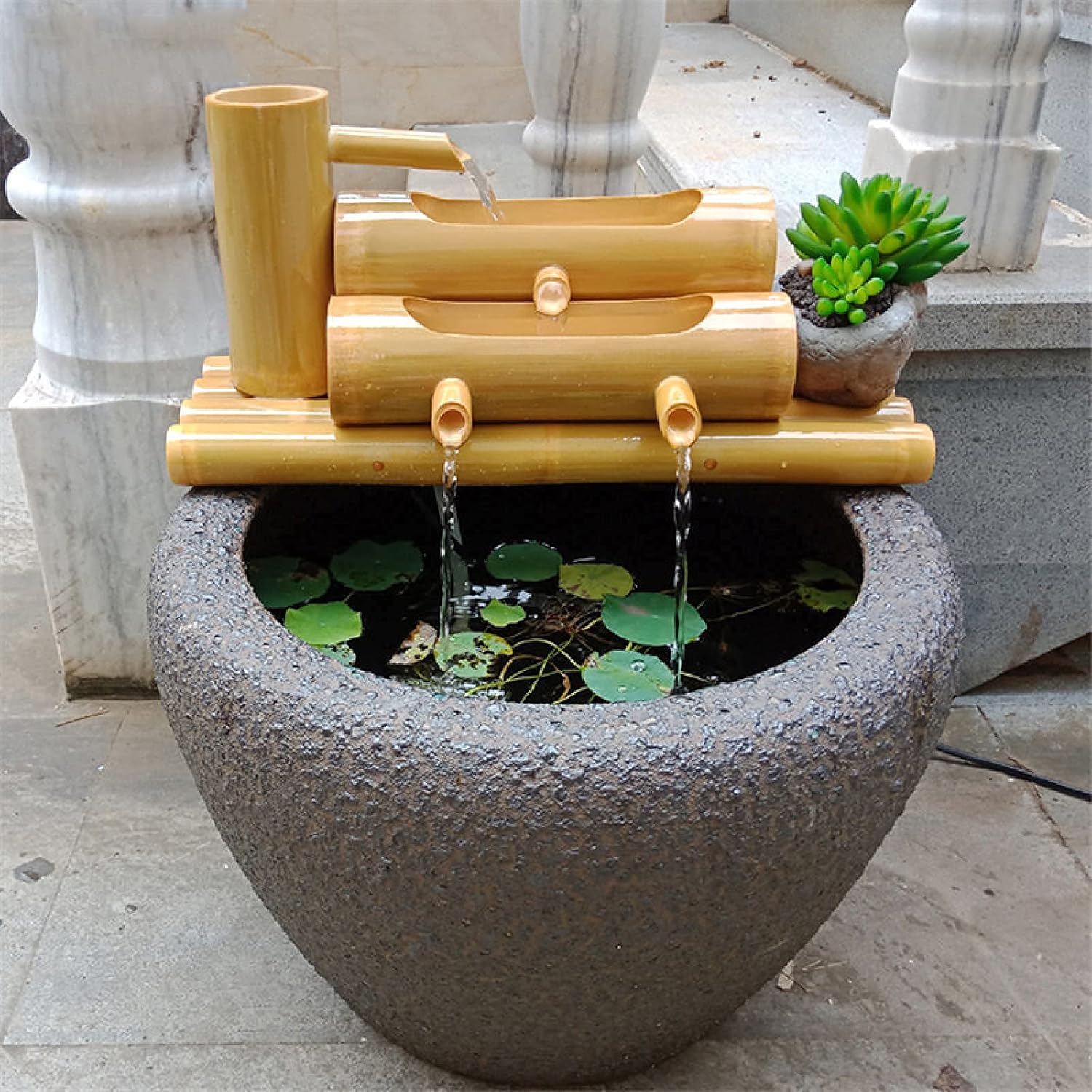 Bamboo Fountain Decor, Poly Resin Pouring Bamboo Fountain Water Spout with Pump, Garden Decoration, Waterfall, Outdoor Japanese Garden Feature,50cm Decoration