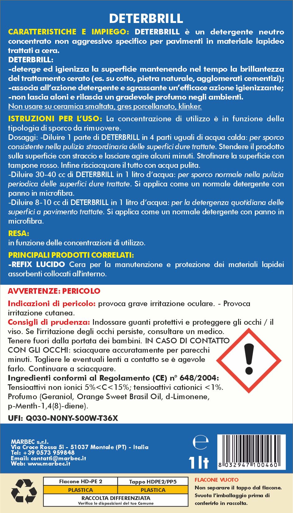 MARBEC DETERBRILL 1LTX6PZ Detergente neutro concentrato non aggressivo specifico per la pulizia dei pavimenti in cotto e pietre trattati a cera.