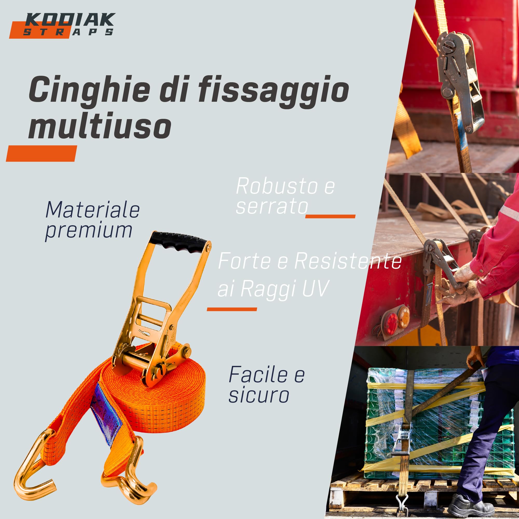 4 Cinghie di Tensione 8m x 4000kg con Cricchetto e Ganci - Cinghie a Cricchetto da 50mm - Cinghia Arancione per la Sicurezza del Carico - Certificato TÜV/GS e secondo DIN EN 12195-2 - KODIAK STRAPS