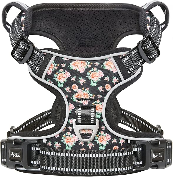 HEELE Arnés Reflectante para Perro, con Control de Mango Acolchado, 2 Anillos de Metal, arnés para Perros pequeños, medianos y Grandes, Flores-Negro, L - 1