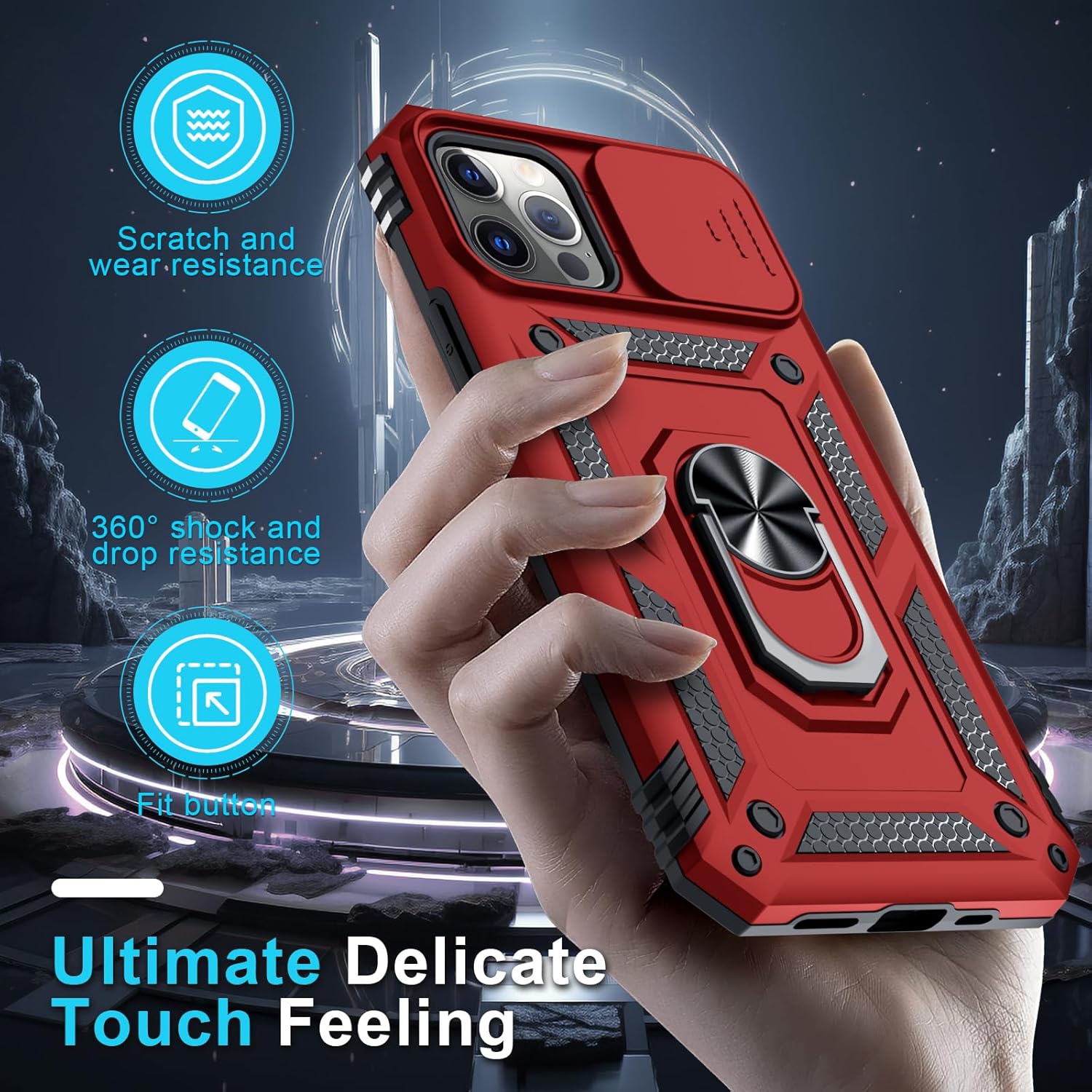 Janmitta Case for iPhone 11 Phone Cover Built in Slide Camera Lens Cover+Screen Protector,Heavy Duty Shockproof Full Body PhoneCase with Finger Ring Holder Kickstand,Red - Image 7