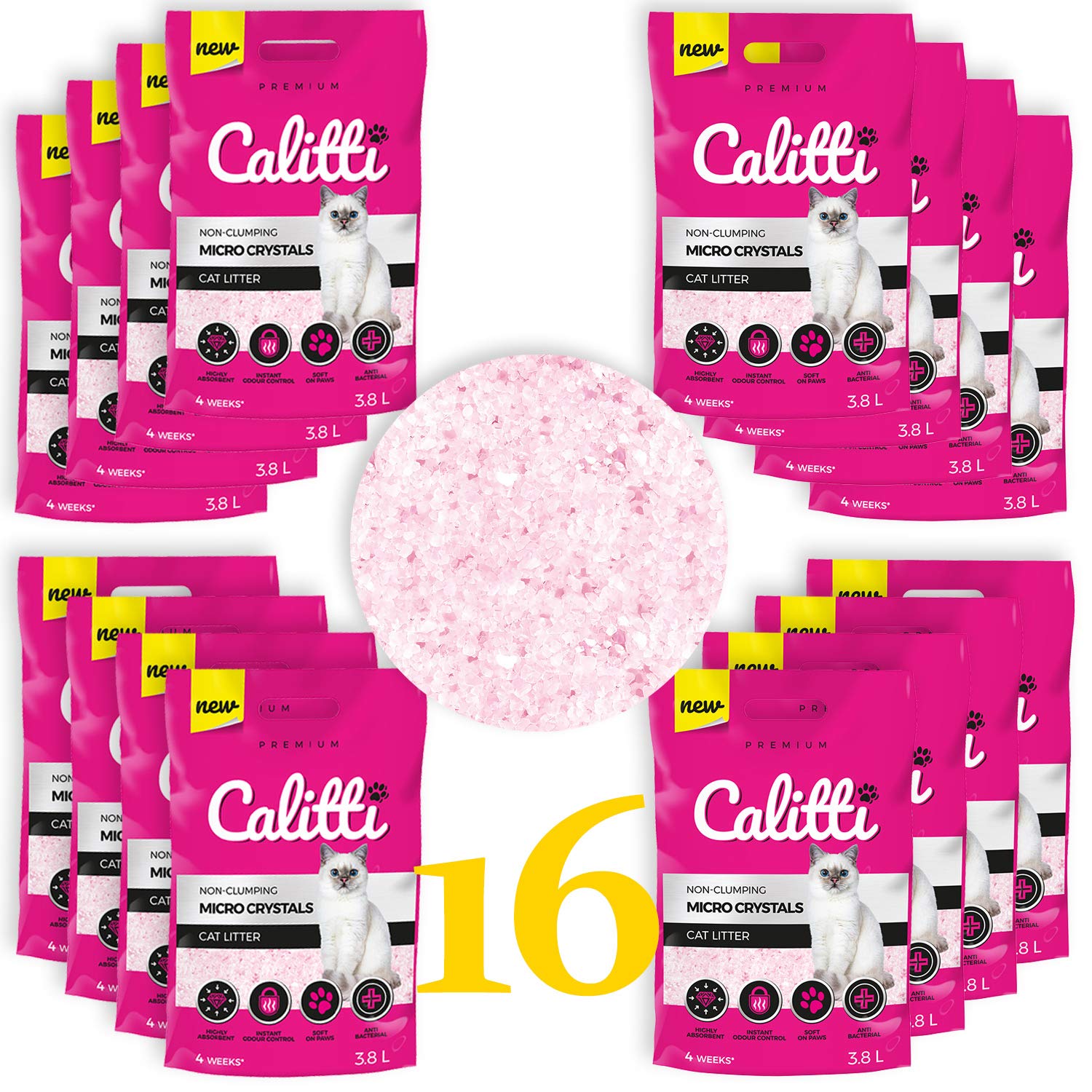 Calitti - Micro Silikat Katzenstreu | Premium Crystals Silikatstreu | Antibakteriell Katzensand | 16-er Set 16 x 3,8 L = 60 L