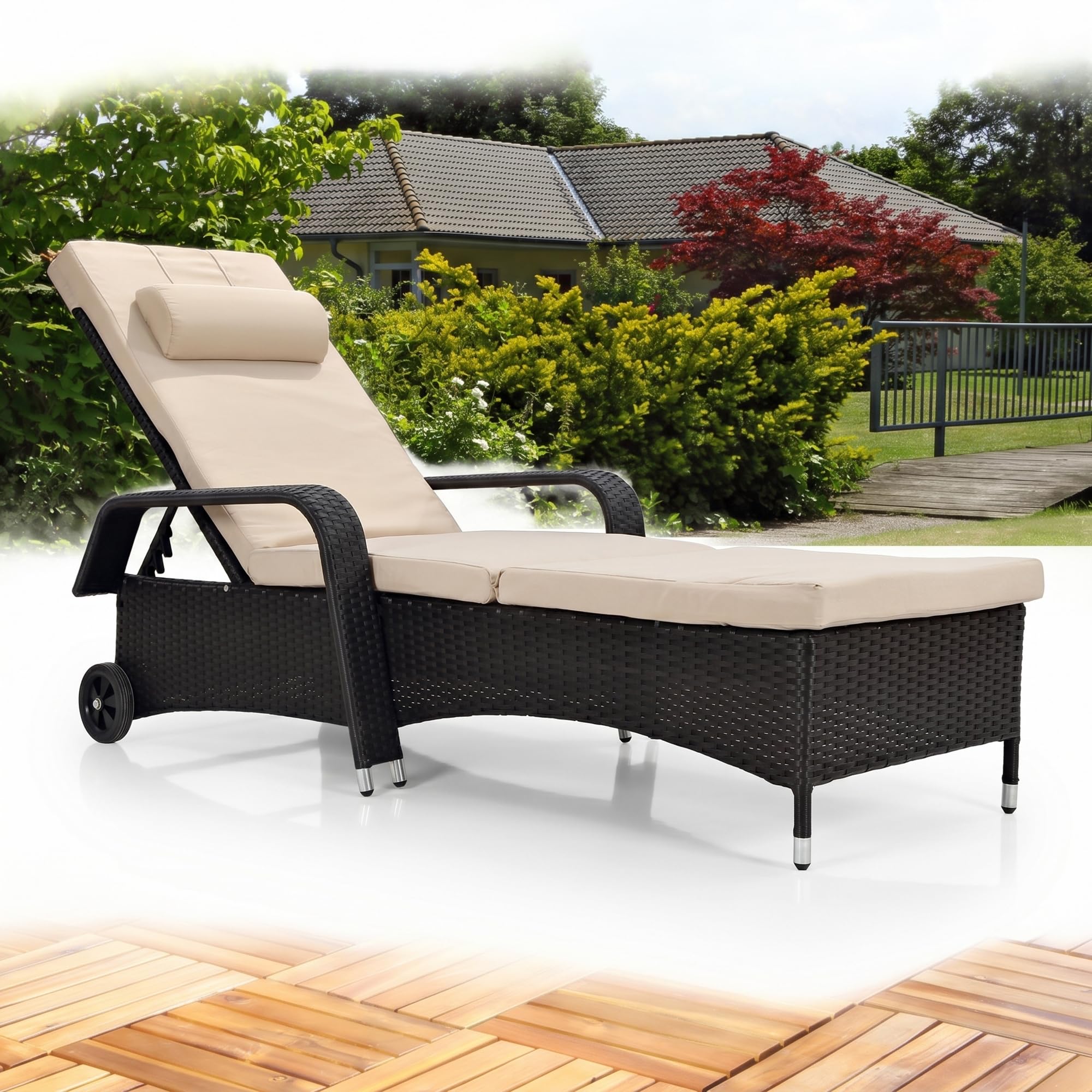 Mucola Sonnenliege mit Rollen Polyrattan – wetterfeste Rattanliege mit Verstellbarer Rückenlehne, Rollliege für Garten, Balkon & Terrasse – pflegeleicht, UV-beständig, mehrfach verstellbar