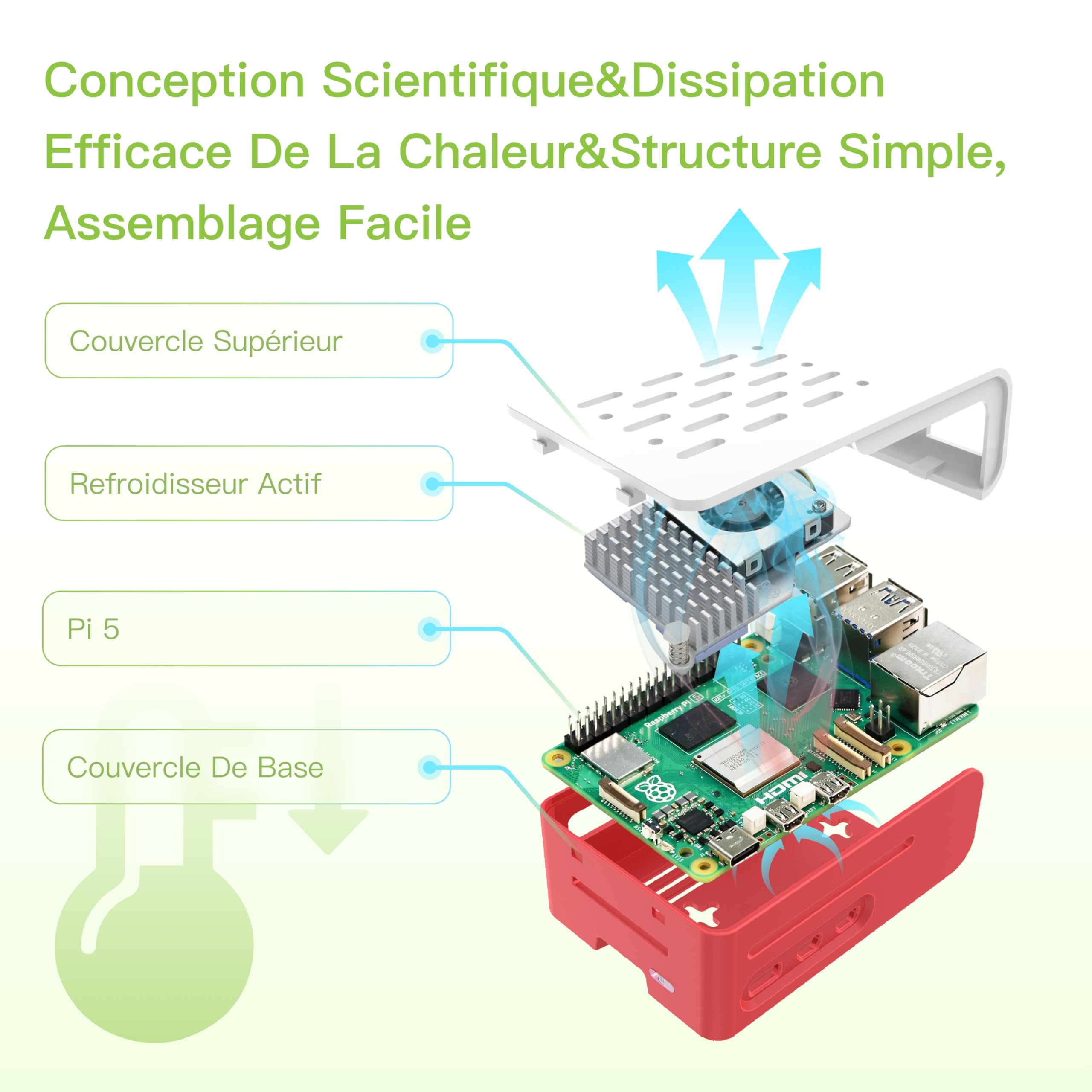 iRasptek Starter Kit for Raspberry Pi 5 4Go - Édition OS-Bookworm de 64Go préinstallée (boîtier Rouge et Blanc)