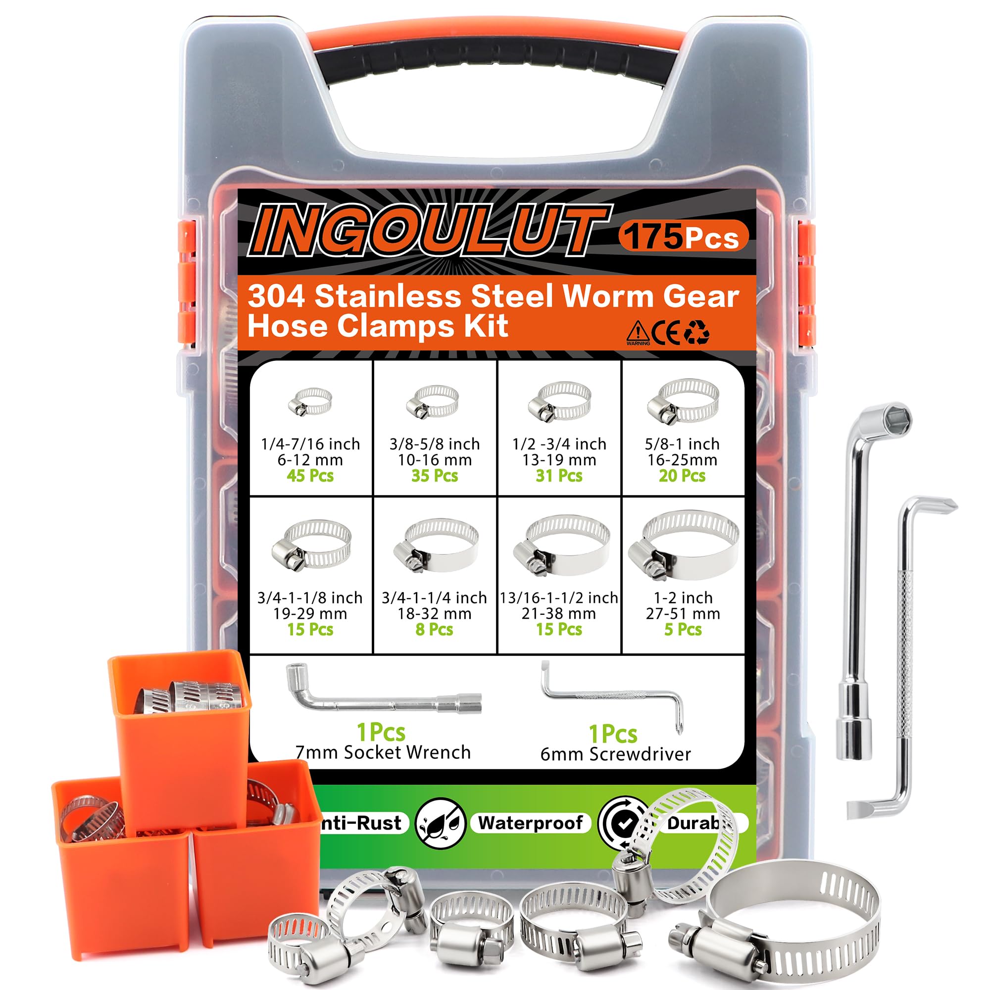 175Pcs Worm Gear Hose Clamps 304 Stainless Steel Assortment Kit 1/4"to 2"(6-51mm) Adjustable Hose Clamps, Small Heavy Duty Hose Clamps for Automotive/Garden/Water Pipe/Sprinkler Line/Fuel Line
