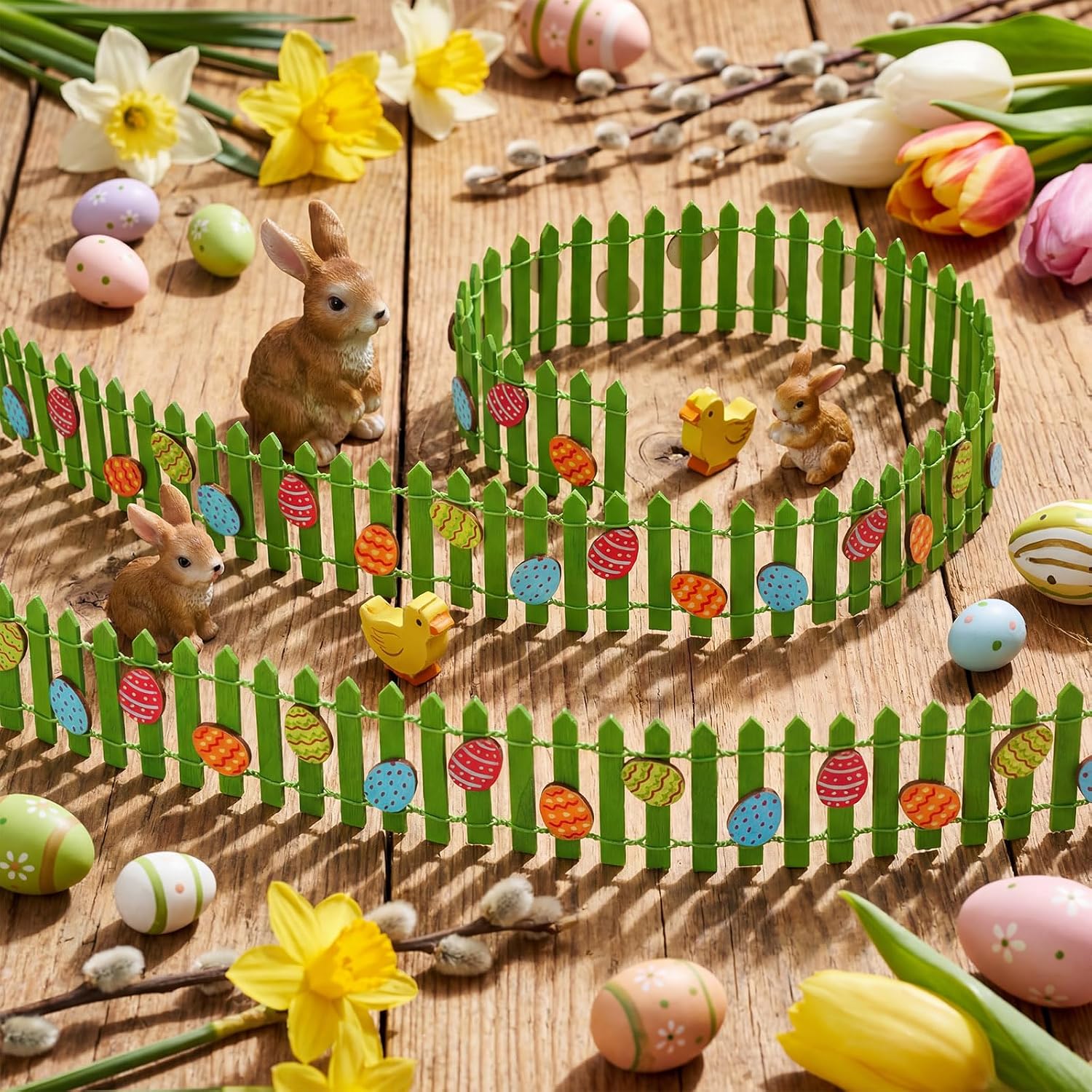 Novabright 104 Pcs Easter Decor DIY Miniature Fence Decoration with 35 Inches Green Wood Picket Fence 100 Wooden Egg and Glue Spring Decorations for Home DIY Mini Egg Garden Table Centerpiece