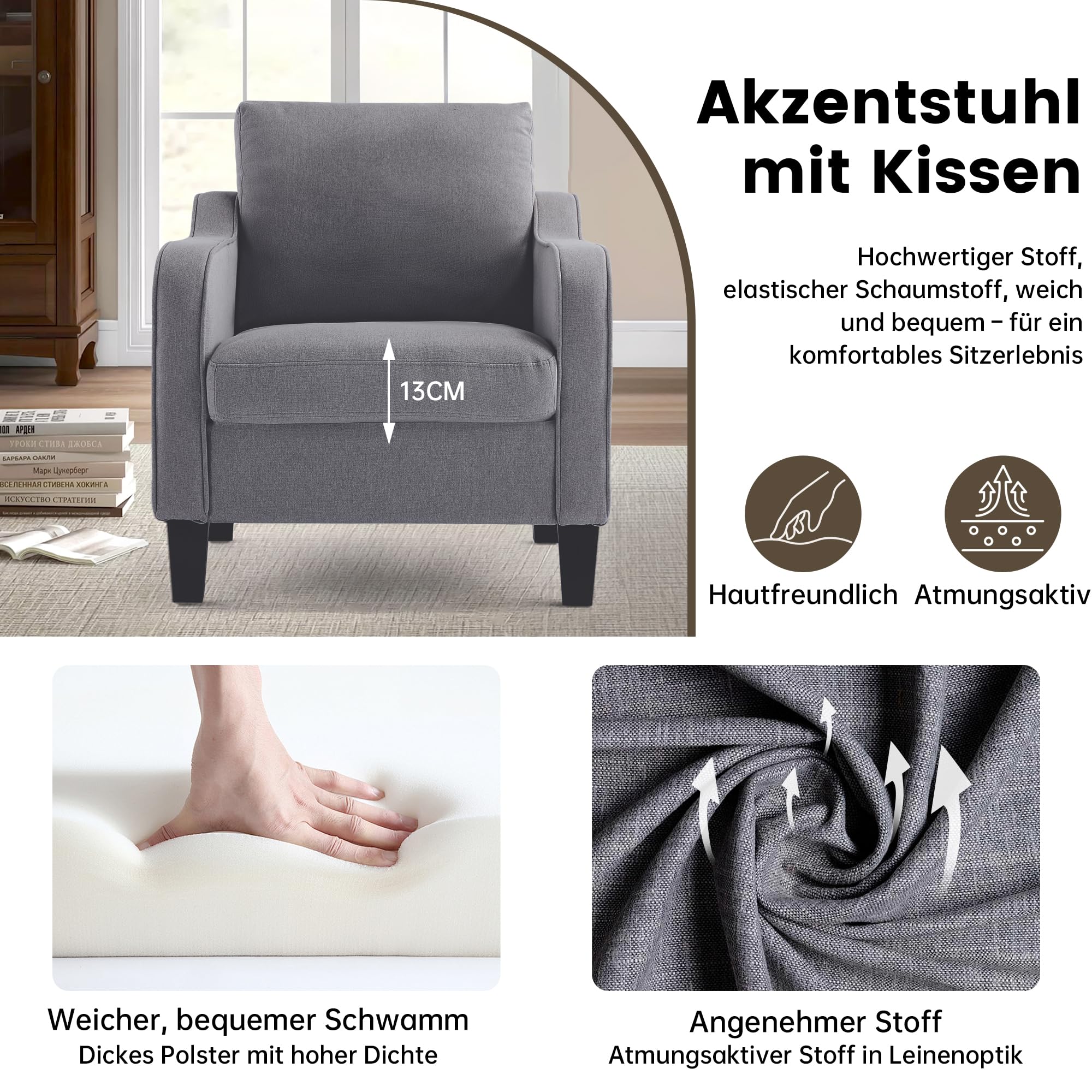 Sessel Wohnzimmer, Polstersessel Leinenoptik, Dunkelgrau