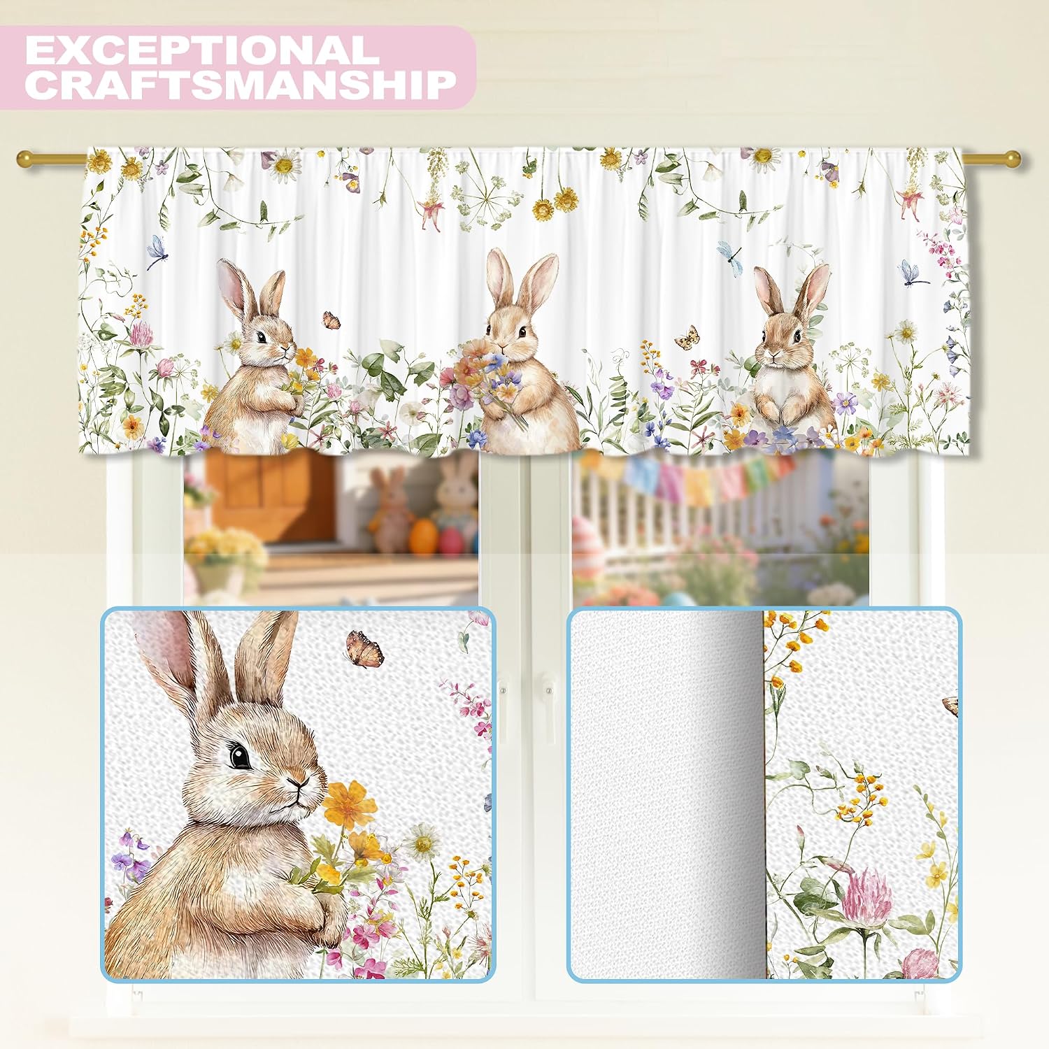 Easter Bunny Valance for Windows, Easter Eggs Flowers Kitchen Decor Valance Curtain Rod Pocket Classic Country Farmhouse Decorations 18x54 Inch Window Treatment for Bathroom Living Room