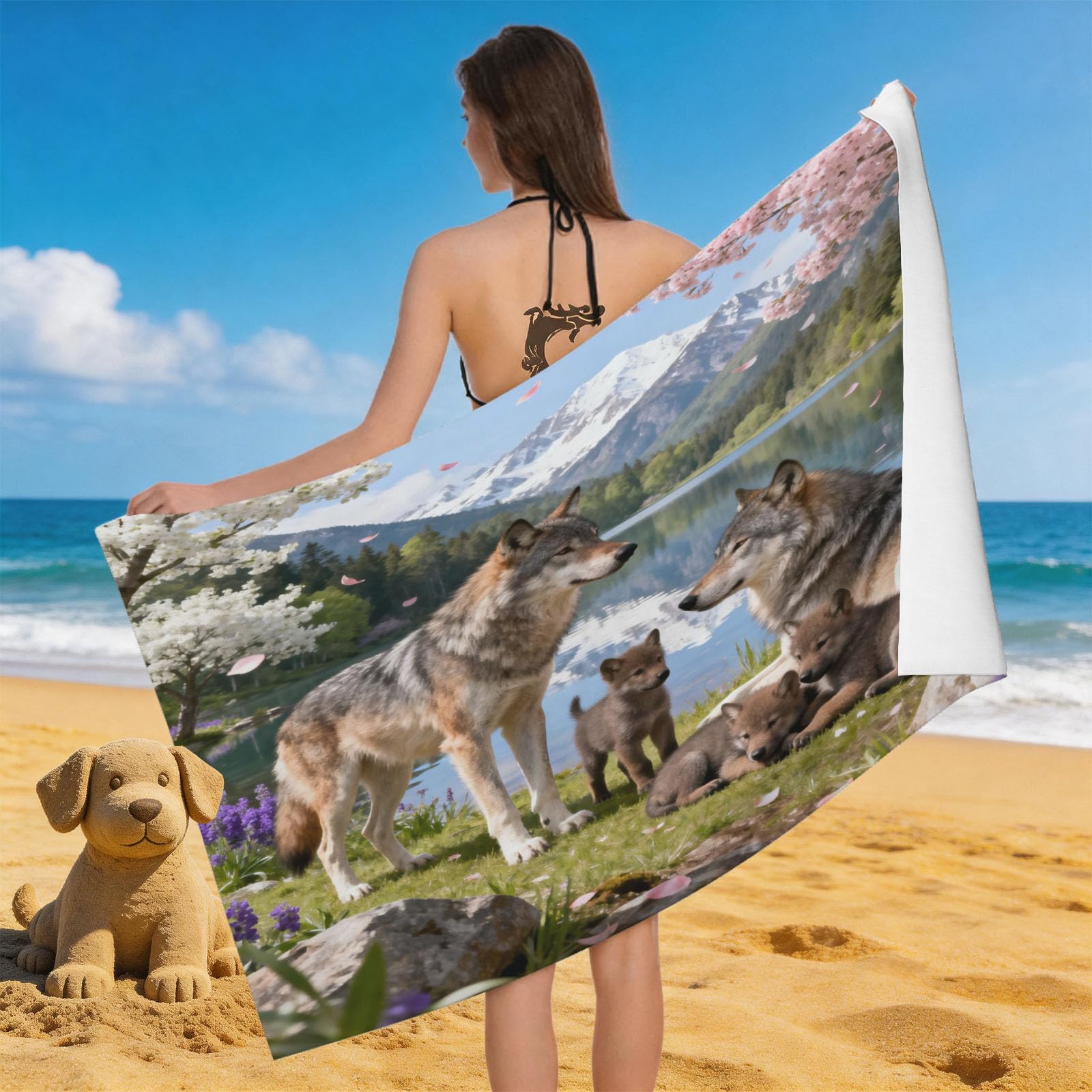 Leichong 3D Cartoon Wolf Beach Towel Microfiber Soft Quick Dry for Adults, Lake Bath Towel Lightweight Soft Absorbent for Travel Swimming Pool Sports, 75 x 150 cm
