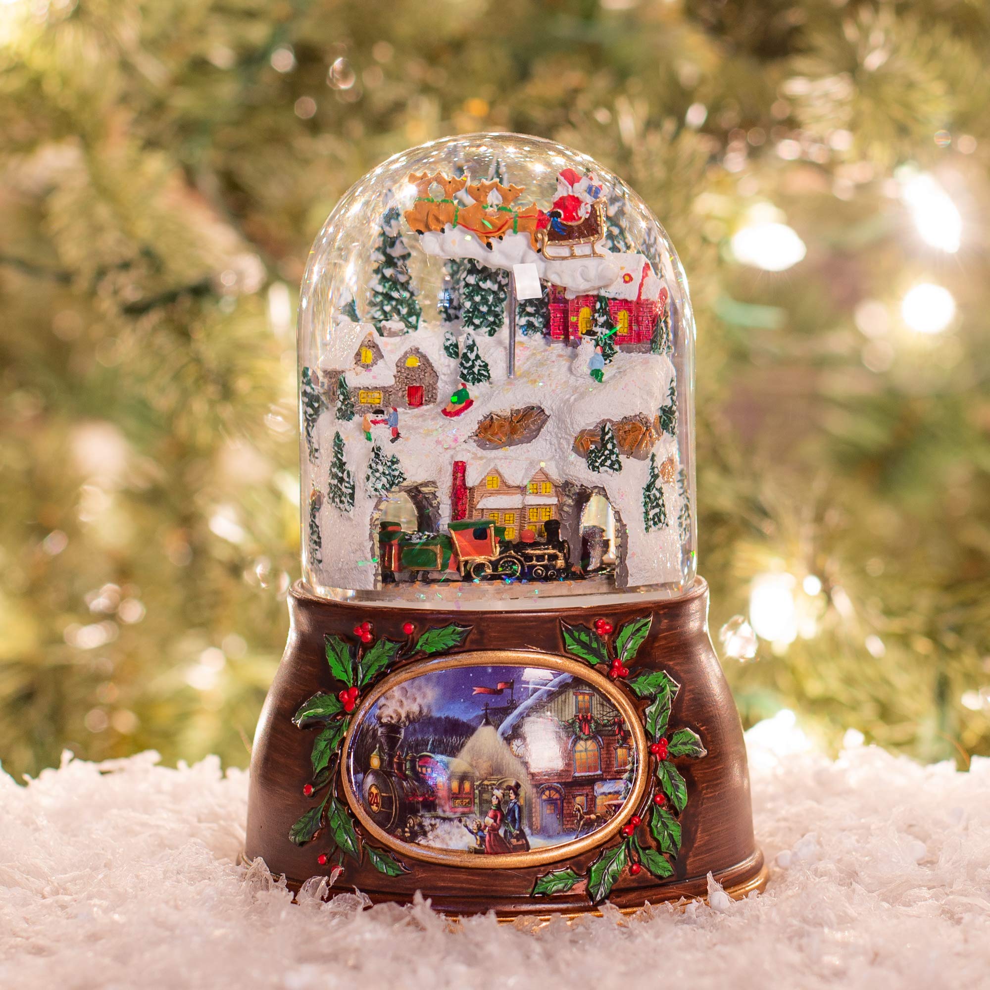 Musical Village with Santa Train Brown 6 inch Resin Holiday Wind Up Snow Dome