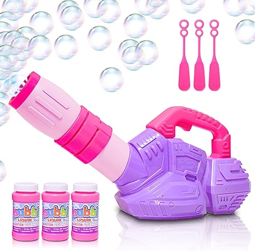 Miniatura 4 de ArtCreativity Cortacésped de burbujas rosa y morado y soplador de hojas de burbujas para niños pequeños, máquina de burbujas para exteriores,