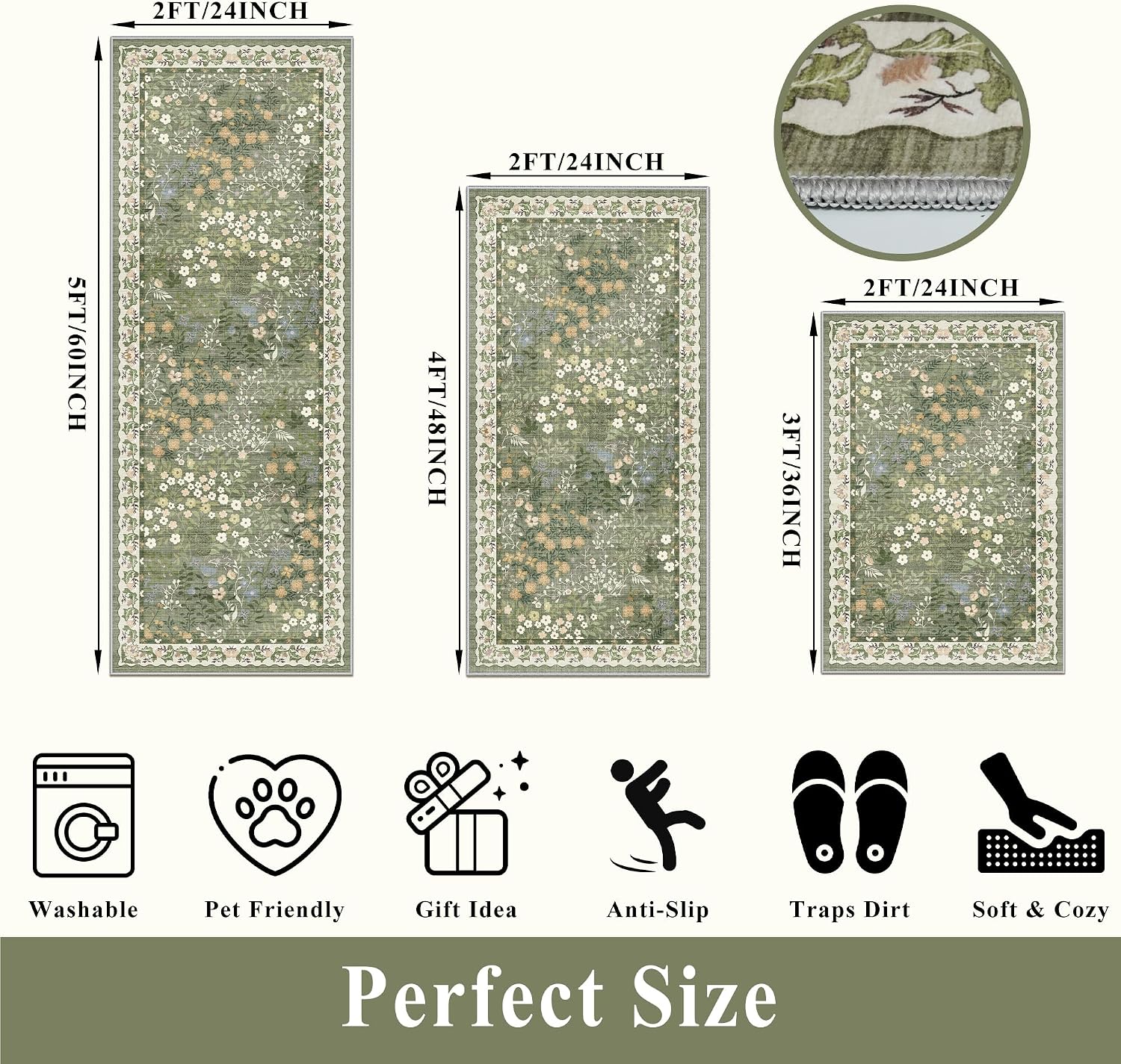 3 Piece Kitchen Rug Set with Runner – Non Slip Washable Boho Botanical Floral Kitchen Mats for Sink Floor Entryway Hallway Bathroom – Soft Low-Pile Small Area Rugs Home Decor (Sage Green, 2x3+2x4+2x5) image 2