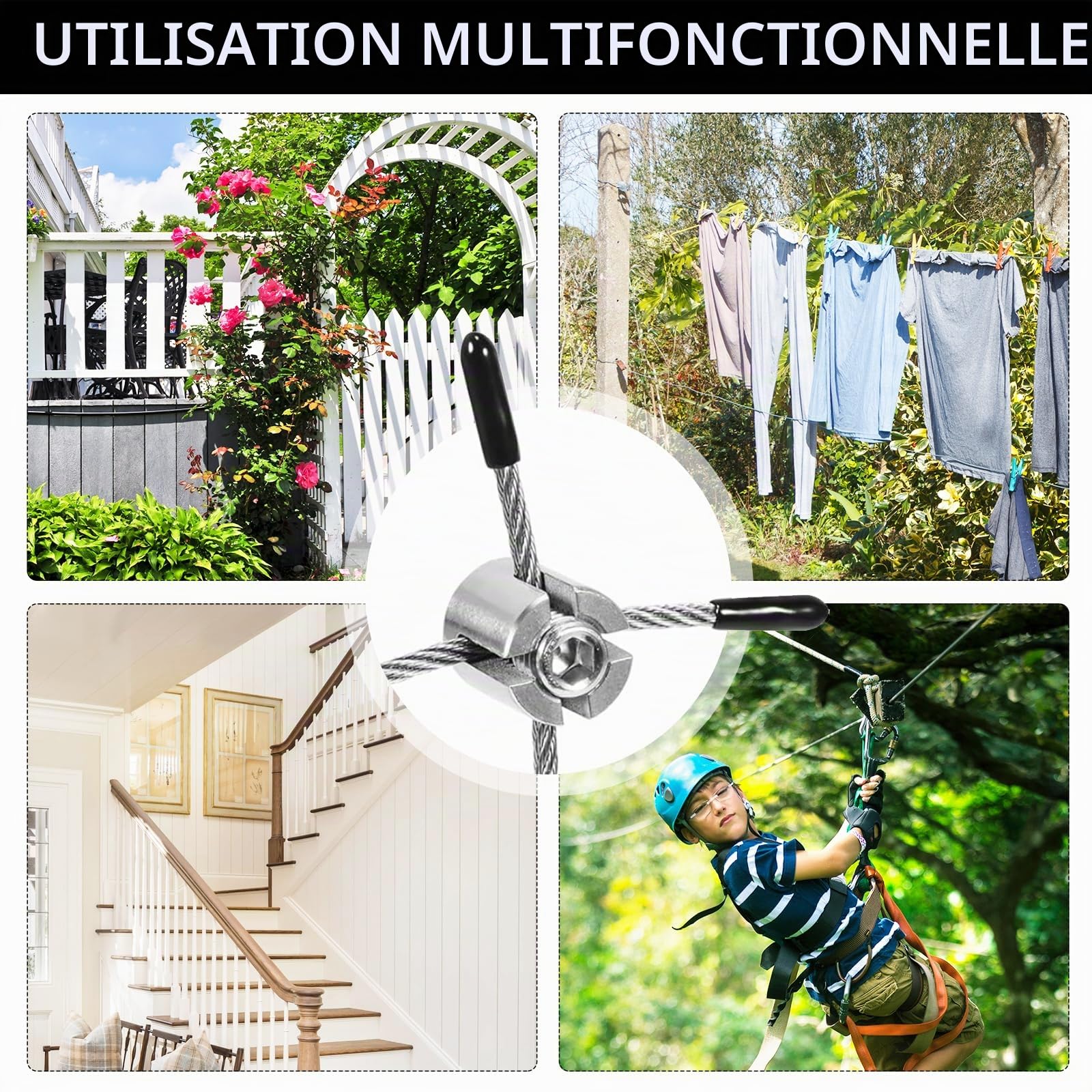 30M Tuteur pour Plantes Grimpantes, Câble en Acier Inoxydable T316 SUS 3mm, Kit Complet avec Coupe-Fil, Gants Résistants à l’Abrasion et Accessoires de Treillis pour vignes et Fleurs