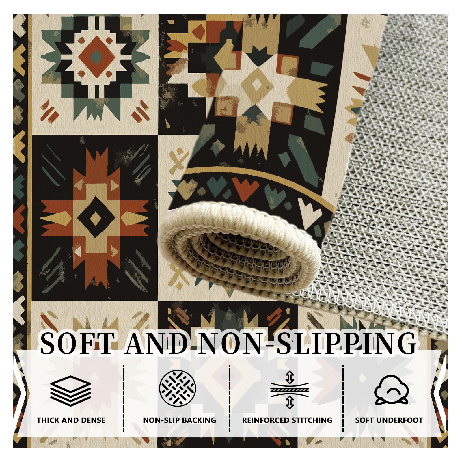 Navajo Aztèque Tapis de Salon Lavable en Machine Antiderapant Amérindien Western Tapis Chambre Adulte Descente de Lit 120x160cm Carpet Interieur Doux et Moelleux Salle à Manger