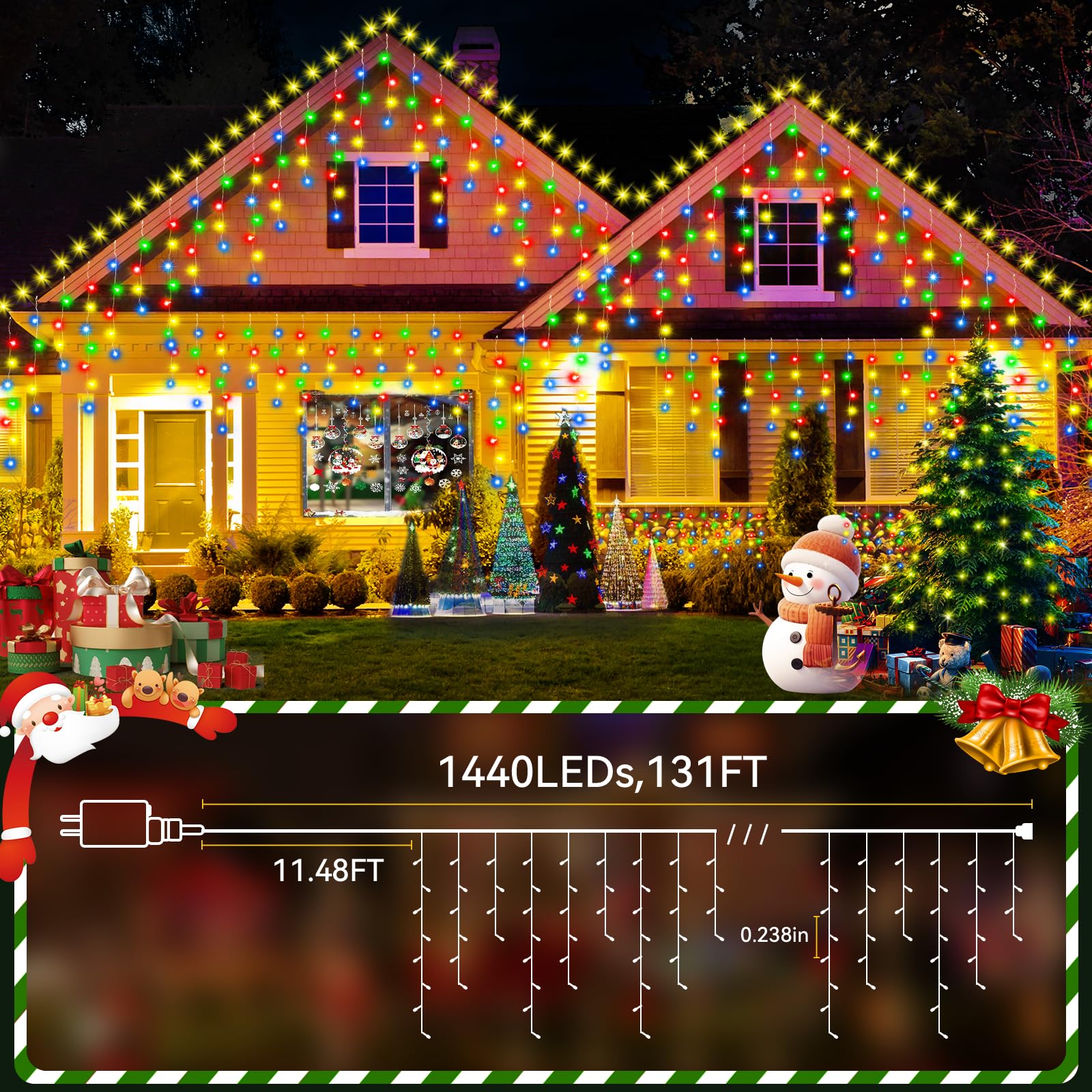 131FT 1440LED Weihnachtsbeleuchtung - Outdoor wasserdichte Vorhang-Lichterkette mit 8 Modi, Timer für Urlaub, Hochzeit, Party, Dekoration (mehrfarbig)