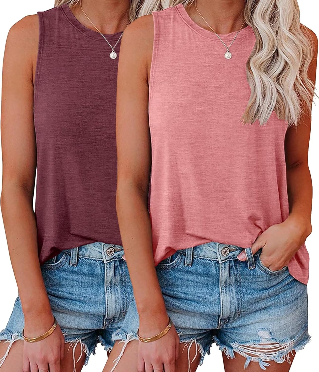 KKJ 2 Pack Womens Tank Tops Crew Neck Sleeveless Summer Cute Tops Loose Fit Basic Workout Casual Shirts 2024 Fashion Clothes
