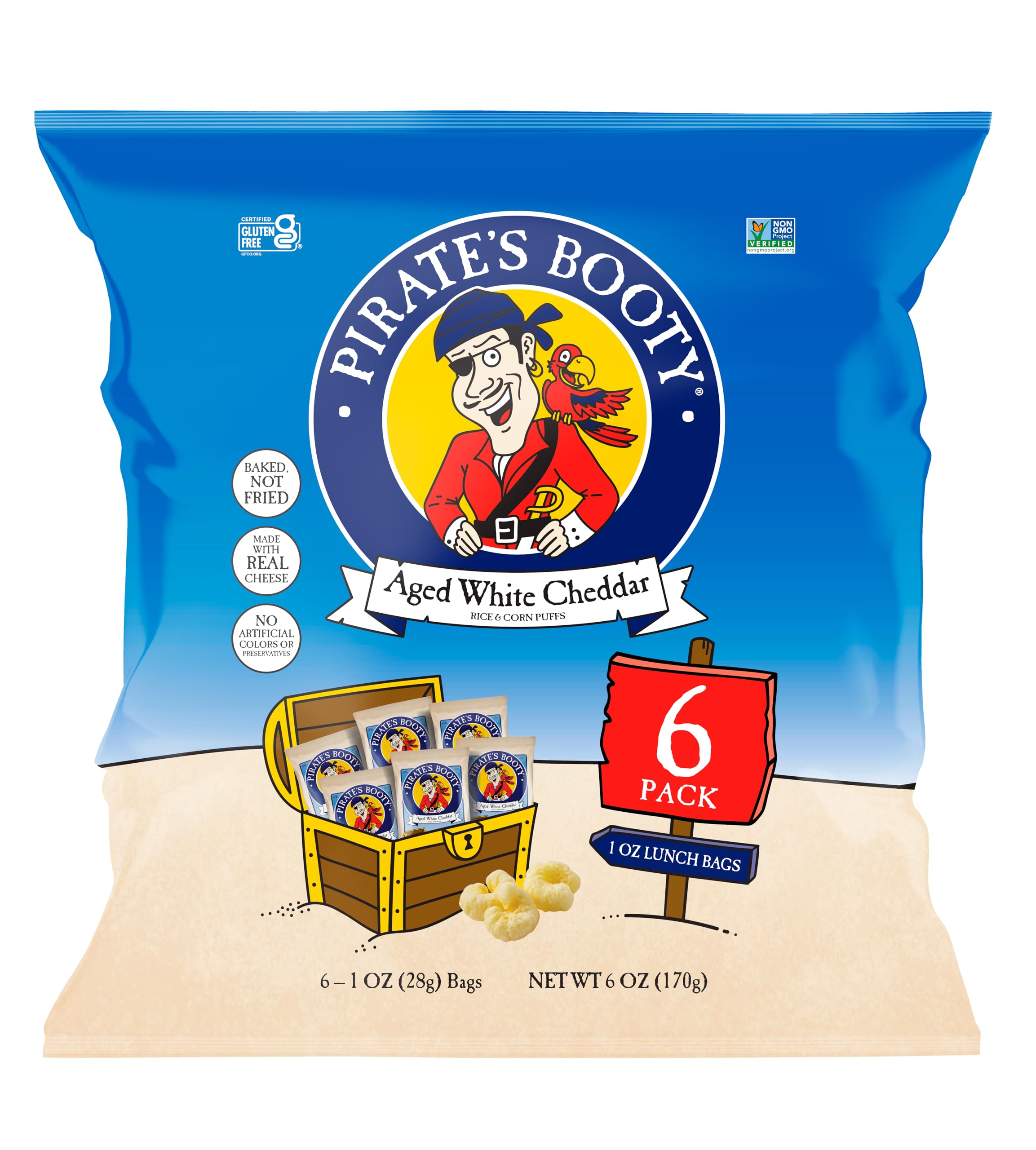 Pirate's Booty Aged White Cheddar Cheese Puffs, Gluten Free, Kids Snacks, 1oz Individual Size Snack Bags (6 Count)