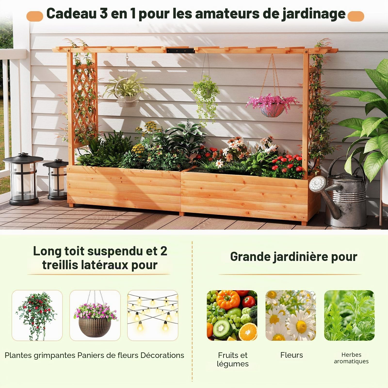 SOARS Jardinière surélevée avec treillis - 200 x 44 x 114 cm - Jardinière avec treillis et toit - Jardinière avec tuteur - Jardinière surélevée pour jardin, balcon, bois, pour fleurs, plantes