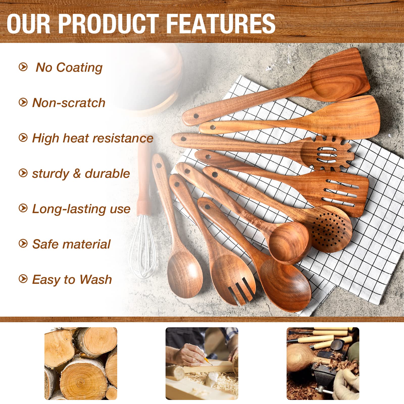 Premium Teakholzlöffel zum Kochen, 10-teiliges antihaftbeschichtetes Küchenhelfer-Set, hitzebeständige Holzlöffel, Schöpflöffel, Pfannenwender, mit 7 Edelstahl-Haken für Organisation