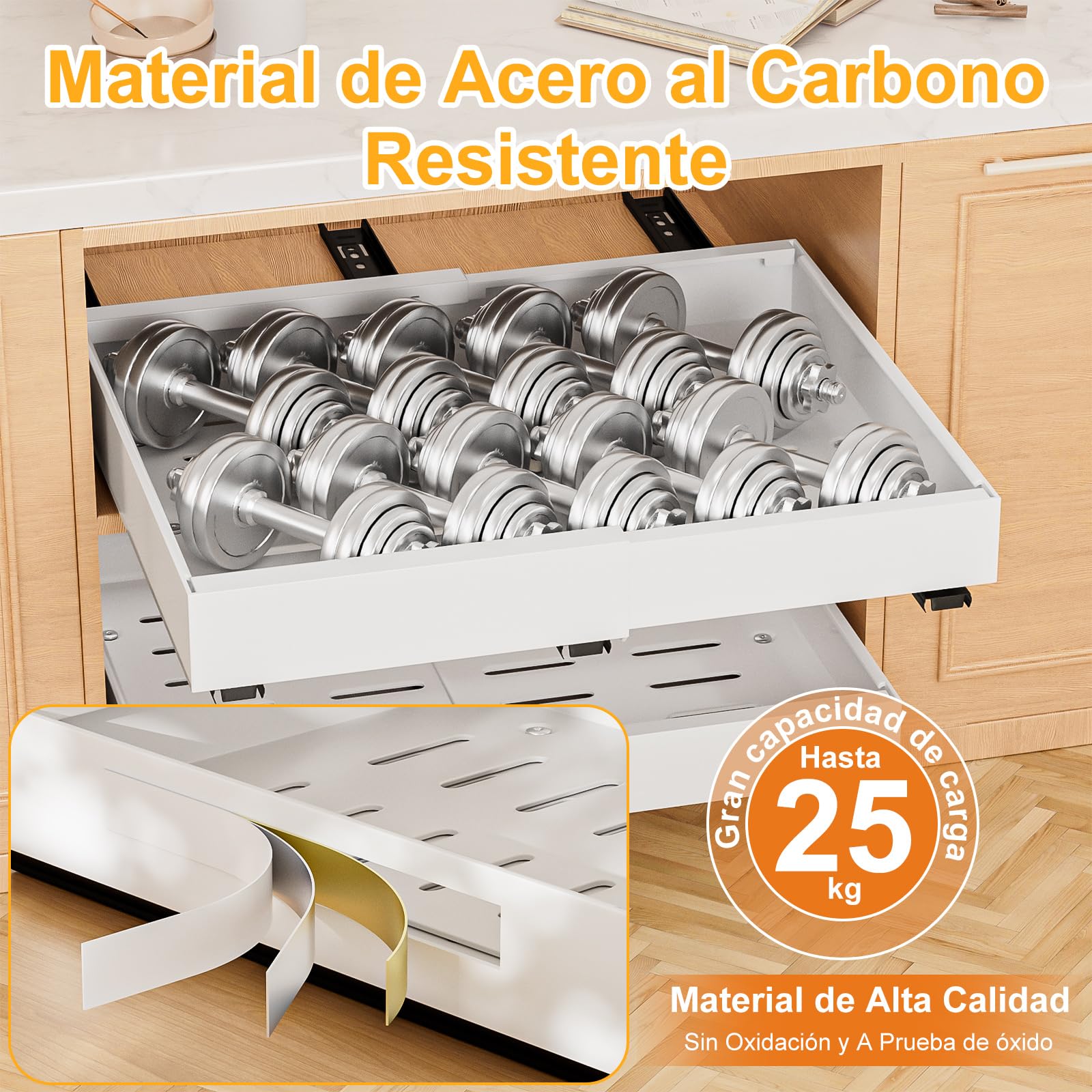 2 Piezas Cajón Telescópico Extensible 12.4-20.4" Acero Al Carbono Para Armario De Cocina Sin Taladrar