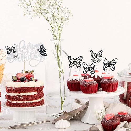 Miniatura 5 de 25 adornos para tartas de mariposa de oro rosa y rosa  1 adorno grande de feliz cumpleaños y 24 adornos 3D de mariposa de oro rosa para cupcakes