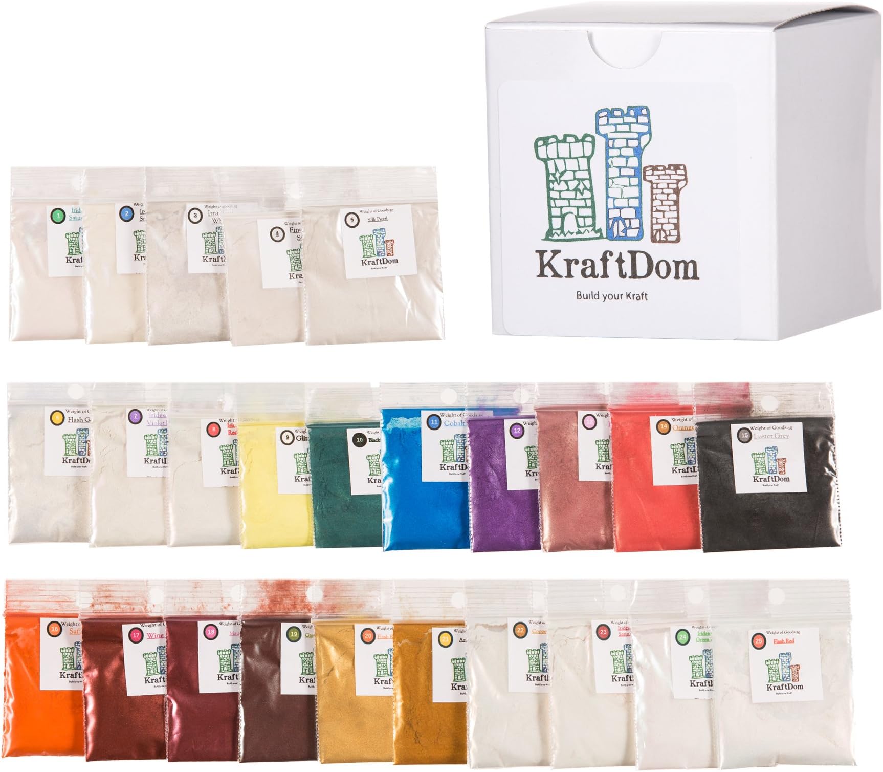 Mica Powder - Bath Bombs and Soap Making Supplies - 26 Pack with 25 Colors with Iridescent Colors and 1 Random Free Bonus Color. for DIY Soap Making Kit - Resin Dye - Soap Molds - Slime.by KraftDom
