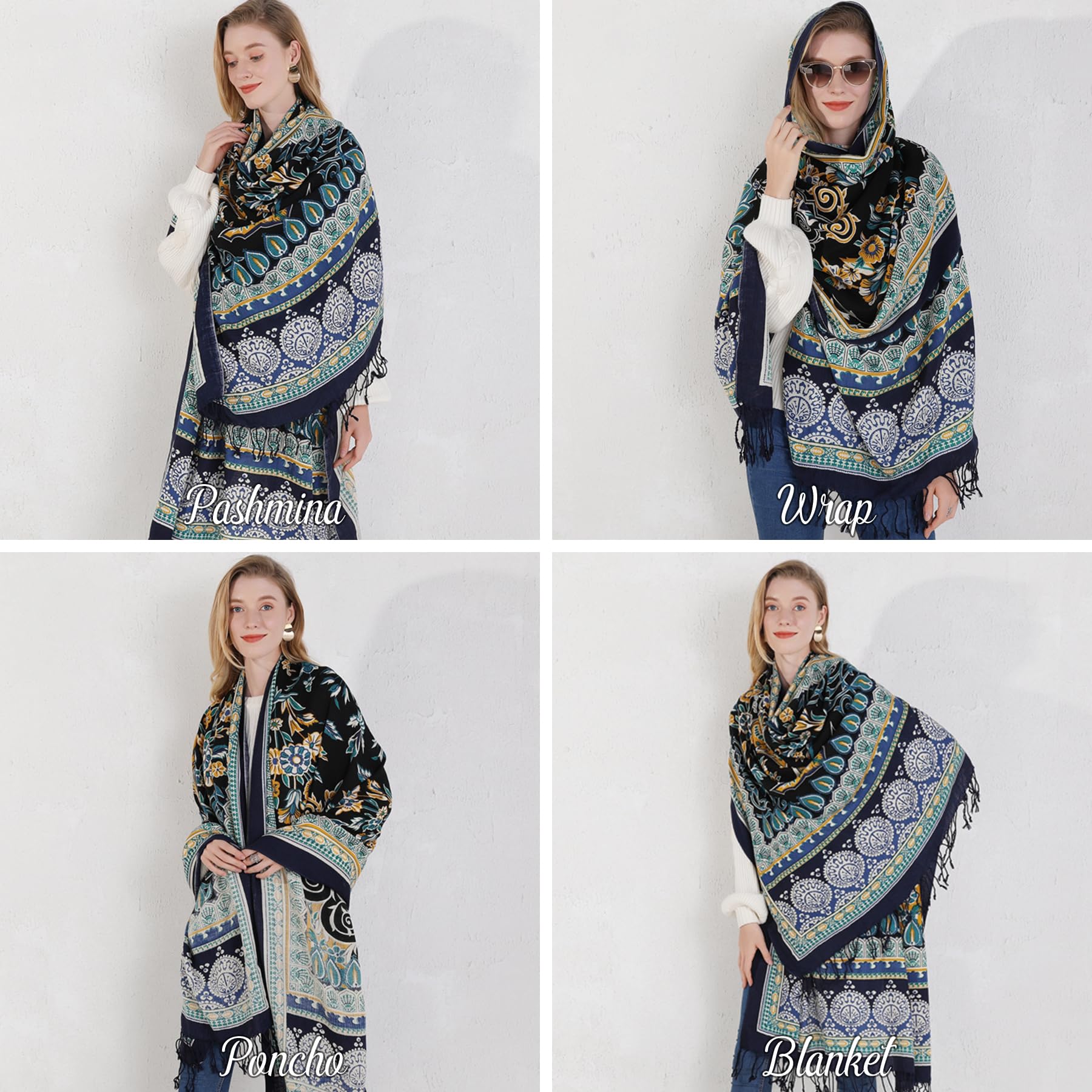 DANA XU 100% lana merino extra large pashmina scialle per le donne | 243,8 x 109,2 cm oversize in cashmere con nappe fatte a mano, mantello leggero da viaggio floreale per abito da sera