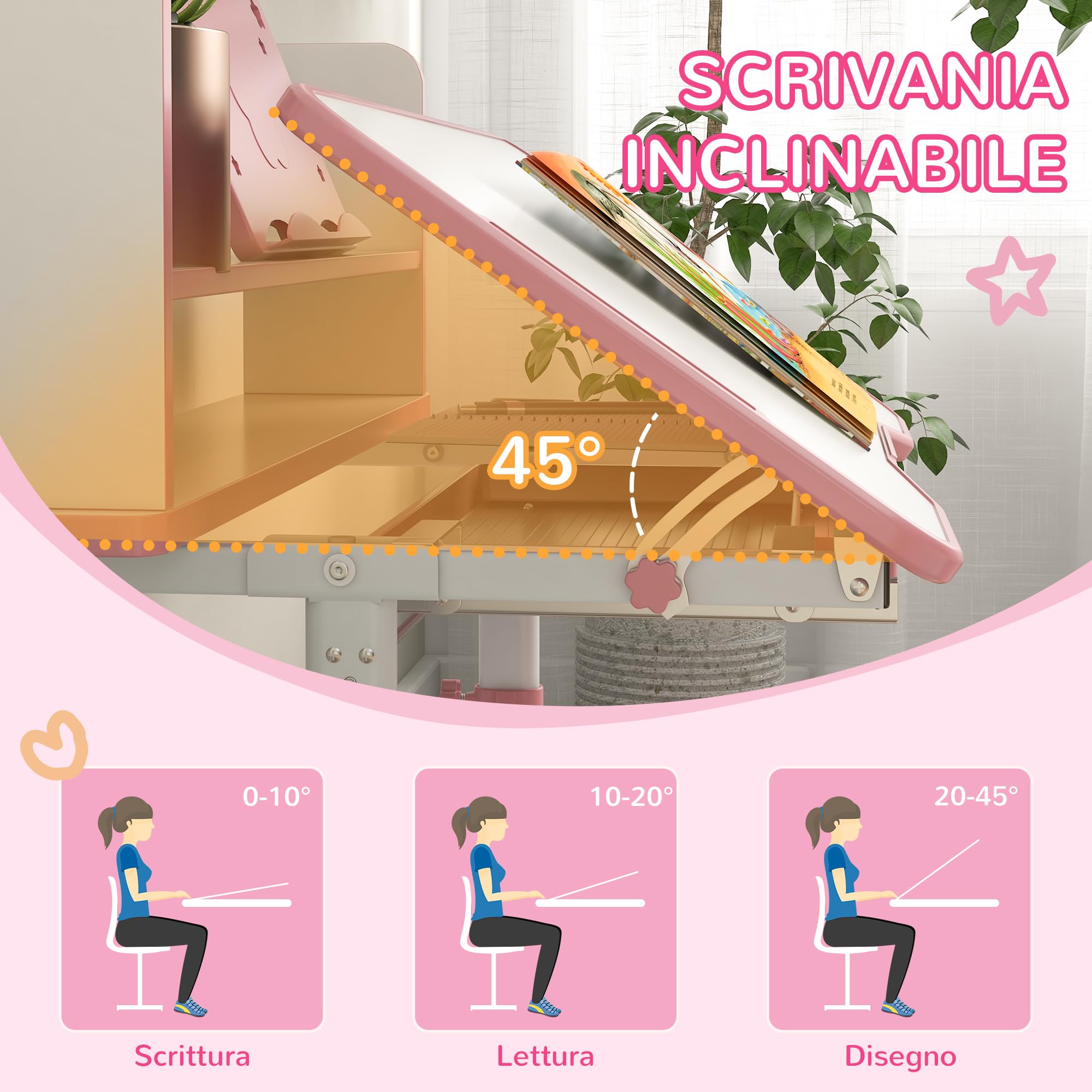 ZONEKIZ Scrivania per Bambini con Sedia, Set Banco Scuola Regolabile in Altezza con Cassetto e Piano Inclinabile, Età 6-12 Anni, Rosa