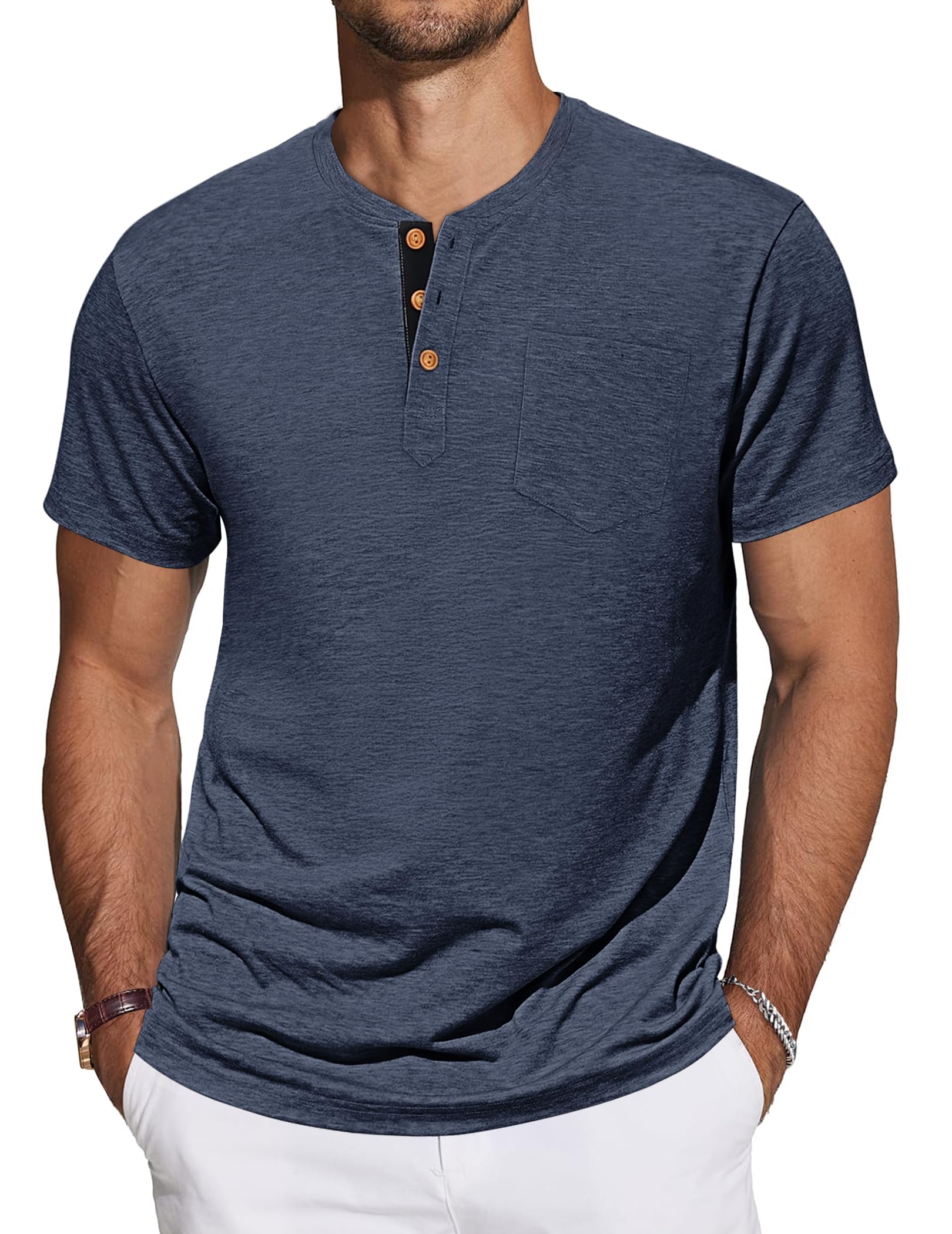 TARAINYA Henley T-Shirts Herren Baumwolle Shirt Kurzarm Einfarbig Basic Tee Männer Sommer mit Tasche M-4XL