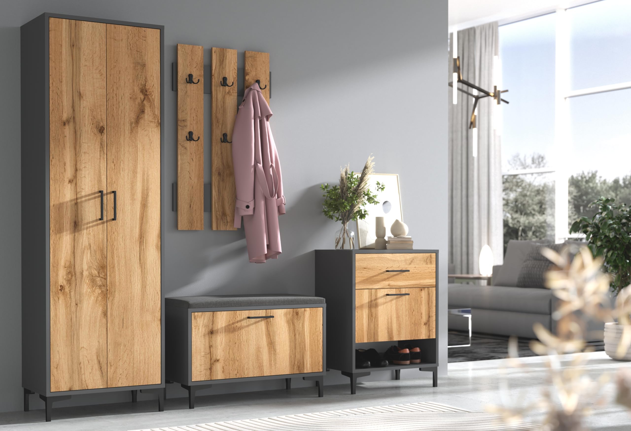 Kleiderschrank Garderobenschrank mit ausziehbarer Kleiderstange und einem Einlegeboden, Schrank für Flur Schlafzimmer Ankleide 192x60x35cm Grafit/Eiche Wotan
