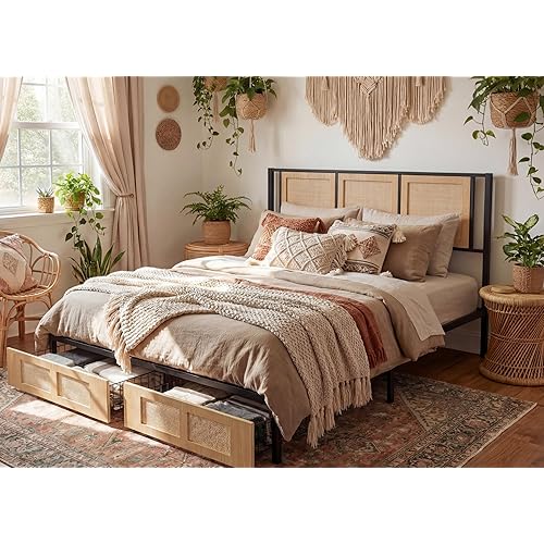 YITAHOME Natural Rattan King Bed Frame with Wooden Headboard and 2 Storage Drawers Underneath, Boho Cane Bed Platform Bed with Metal Slat, Noise Free, No Box Spring Needed,Wood