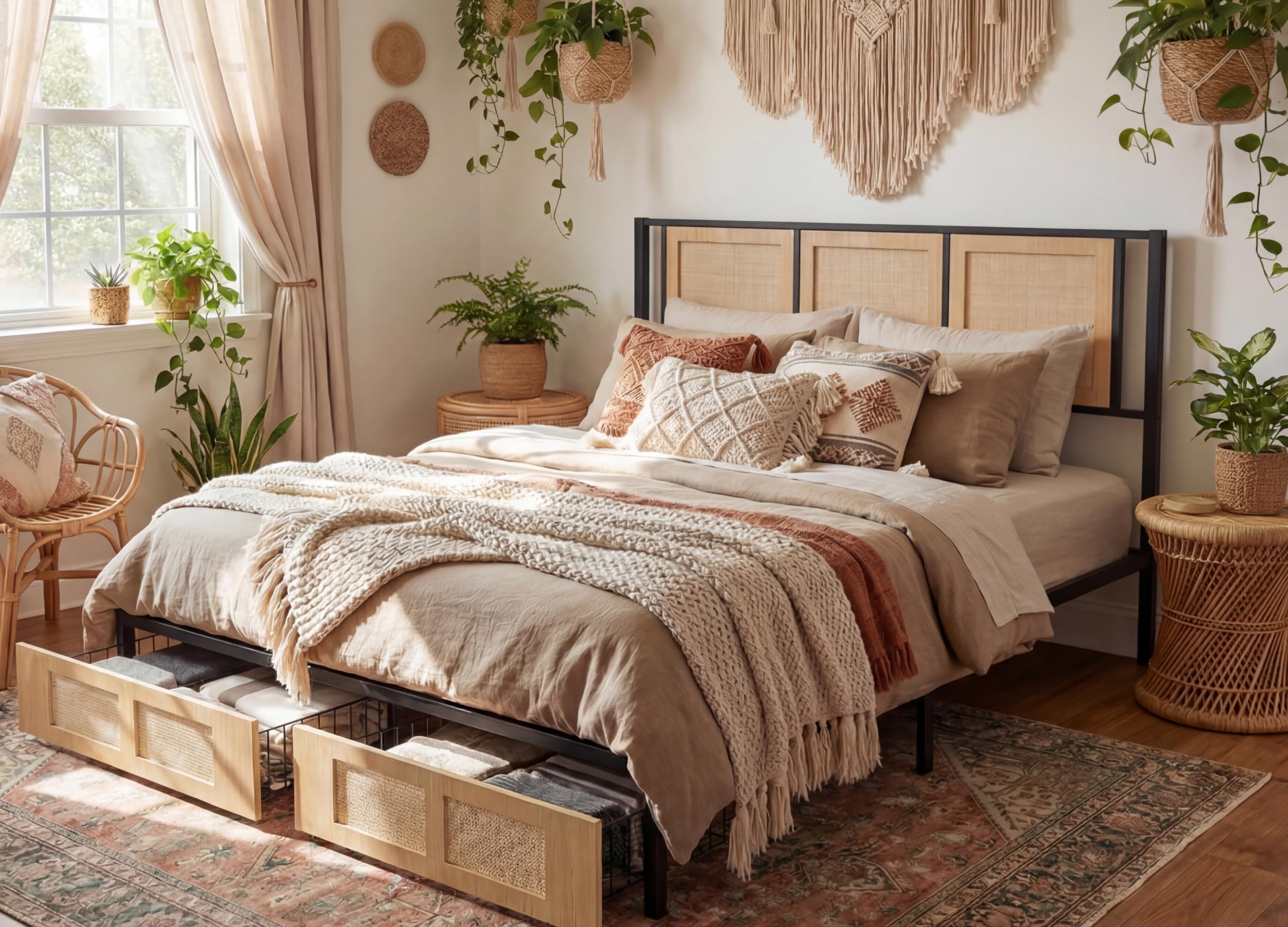 YITAHOME Natural Rattan King Bed Frame with Wooden Headboard and 2 Storage Drawers Underneath Boho Cane Bed Platform