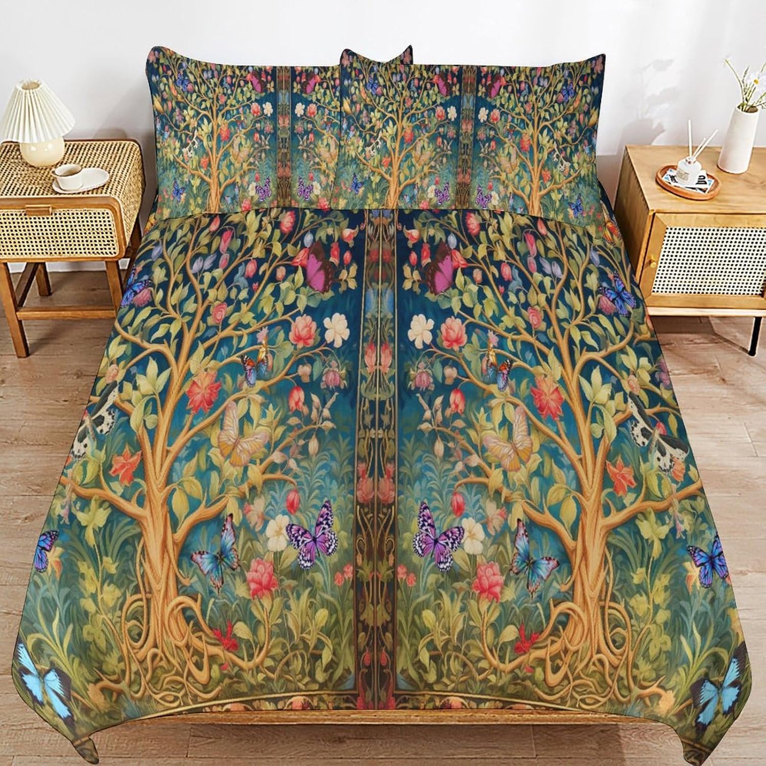 Vintage William Morris Flower Bed 3 Piece Set - Rustic Colorful Forest Tree of Life Bohemian Flower and Bird Bed Quilt Cover, Elegant Bed 3 Piece Set Decor 90"x90"