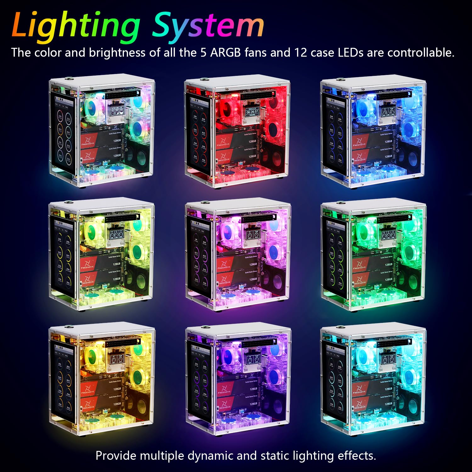 Freenove Raspberry Pi 5 NAS Case Kit (with 1x 128GB SSD), Quad M.2 NVMe SSD Slots, 5 PWM ARGB Fans Light Sync, CPU Tower Cooler, 4.3" Touchscreen, Stereo Speakers, 3.5 mm Audio