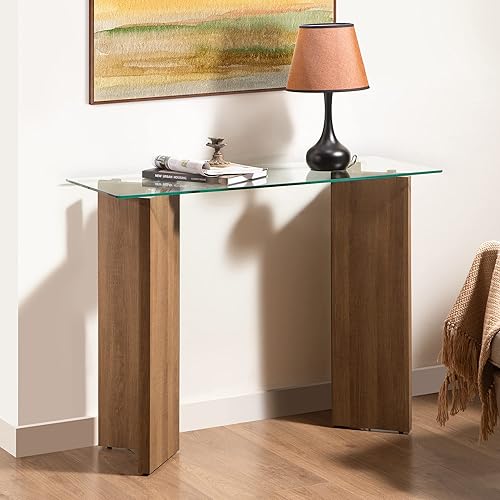 SICOTAS Mesa de entrada consola de granja con parte superior de cristal mesas de consola de madera y vidrio de 413 pulgadas para entrada mesa de