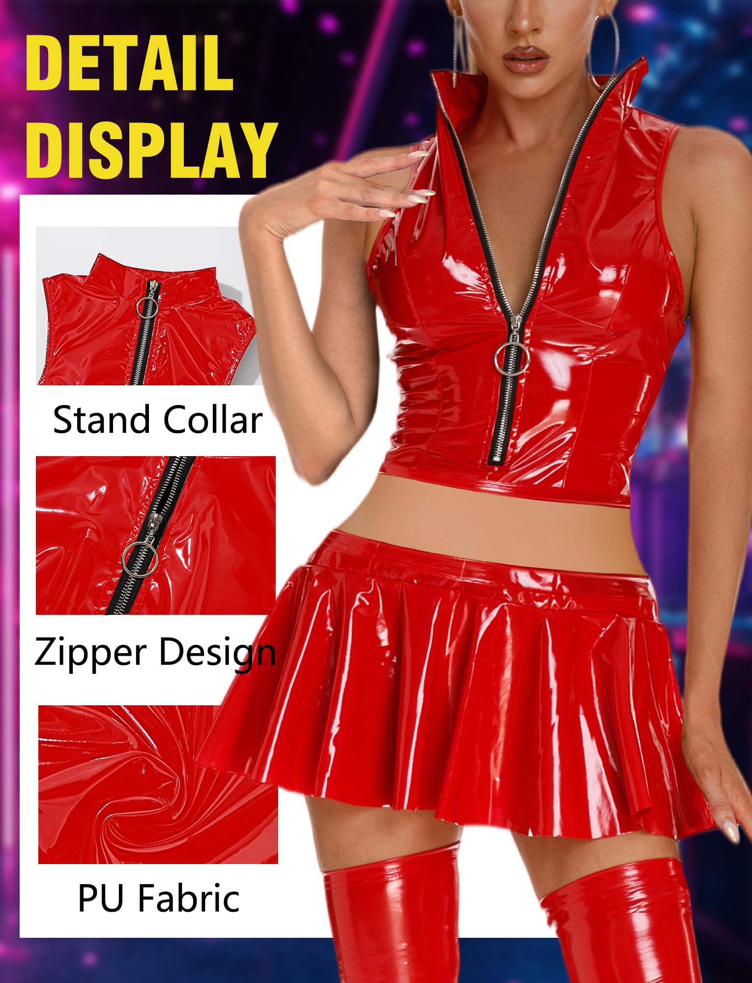 FEOYA Jupes sexy en cuir synthétique 2 pièces avec haut sans manches pour femme, ensemble de lingerie effet mouillé à col montant avec mini jupe plissée en polyuréthane verni, tenue de fête