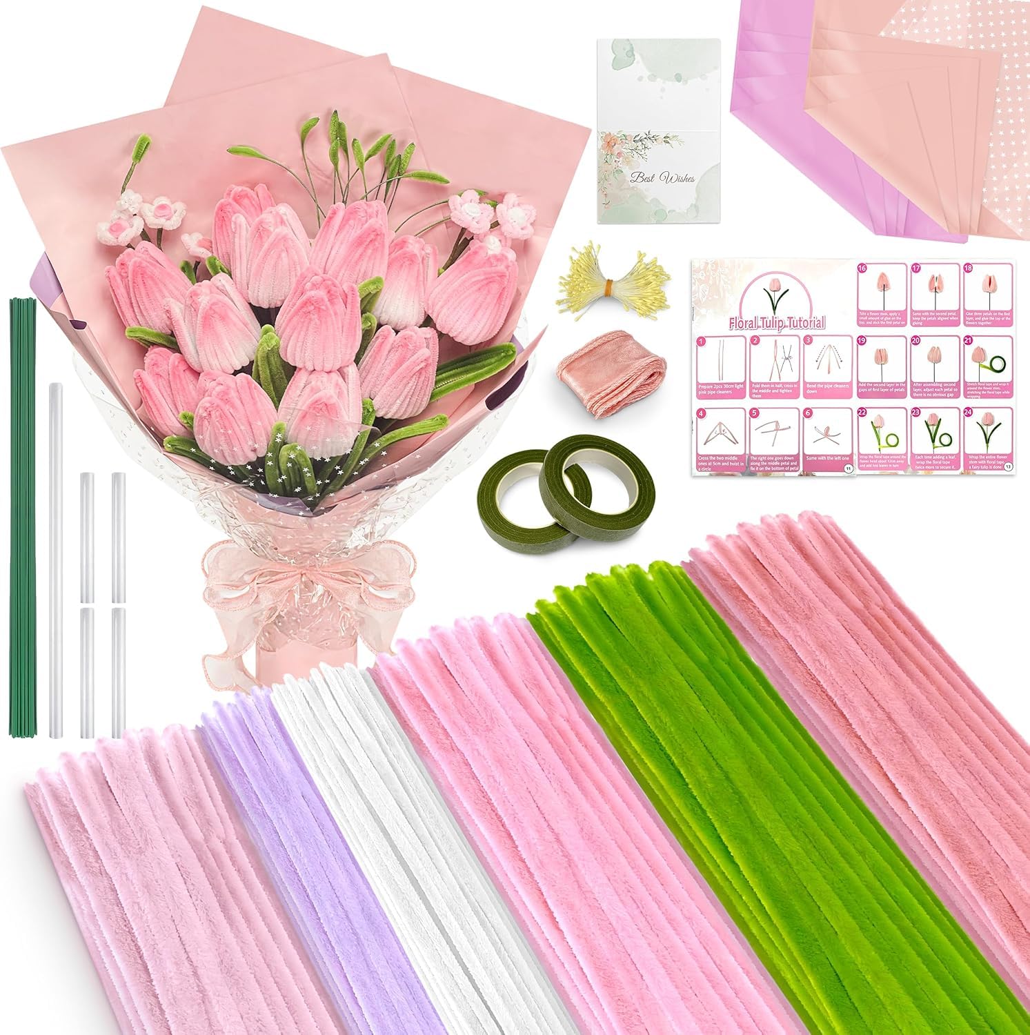 500 PCS Pink Pipe Cleaners Craft Kit, 6 Colours 12inch x 6mm Chenille Stems for Flower Making, pipe cleaner flower kit with Floral Stems, Wrapping Paper, Stamens & Step-by-Step Instructions
