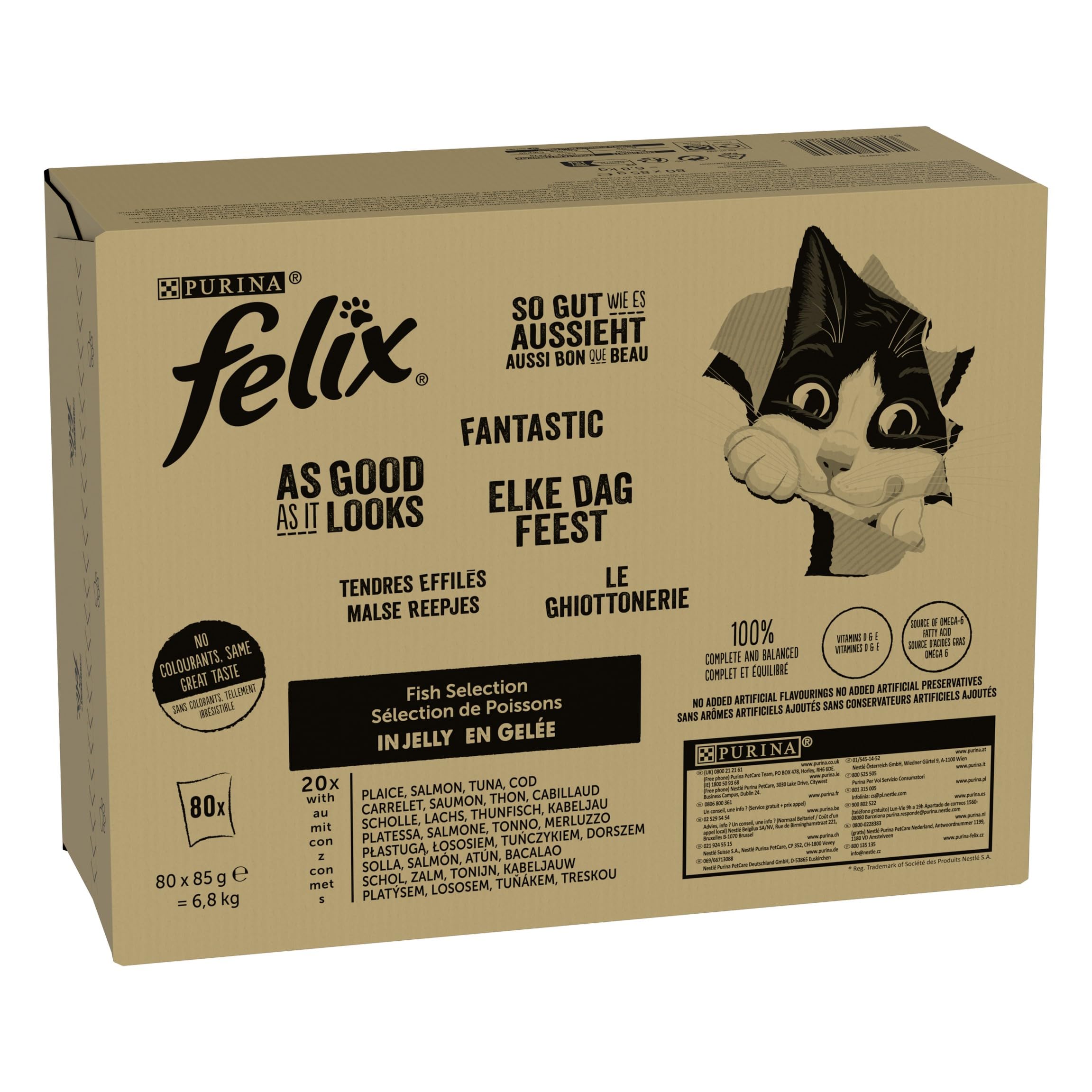 Felix | Tendres Effilés | en Gelée | Alimentation complète | Chat Adulte | au Thon, au Saumon, au Boeuf et au Poulet | Sachets Fraîcheurs | 80x85g