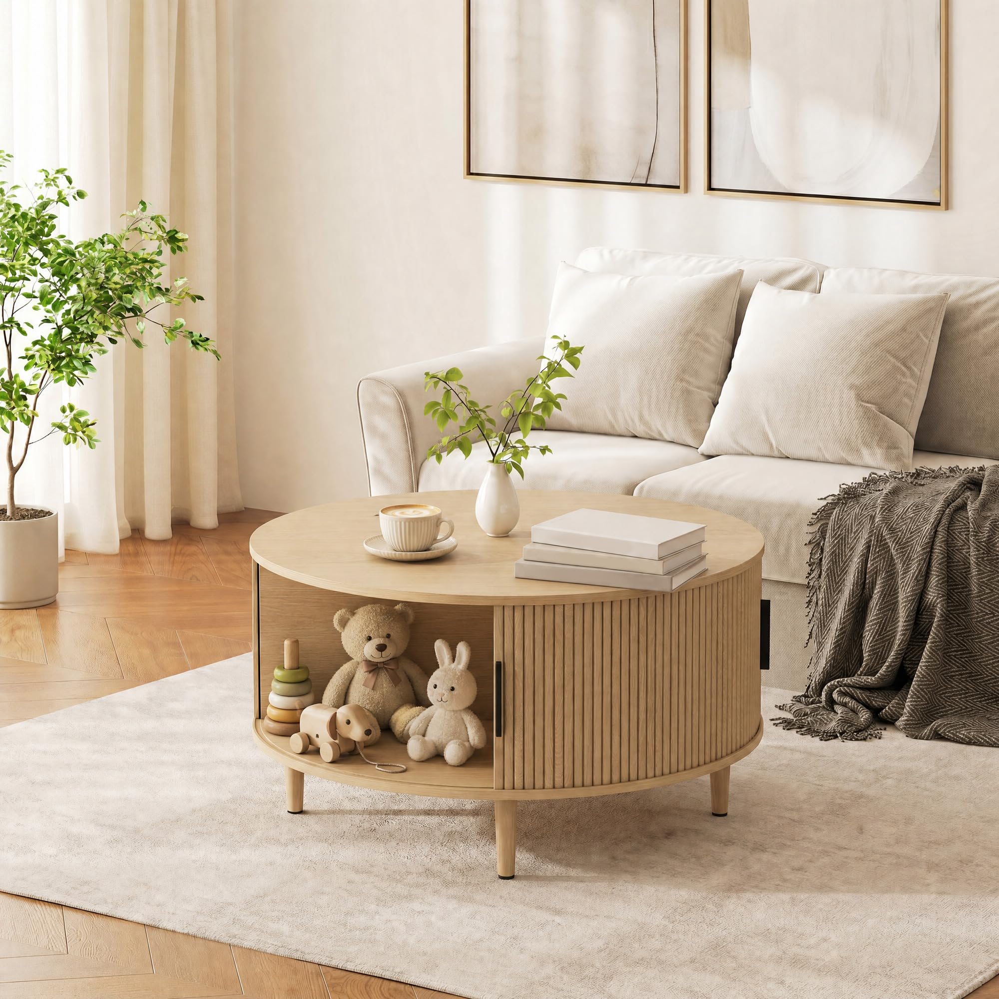 HOMCOM Tavolino rotondo contenitore, 80 cm centro moderno, Naturale