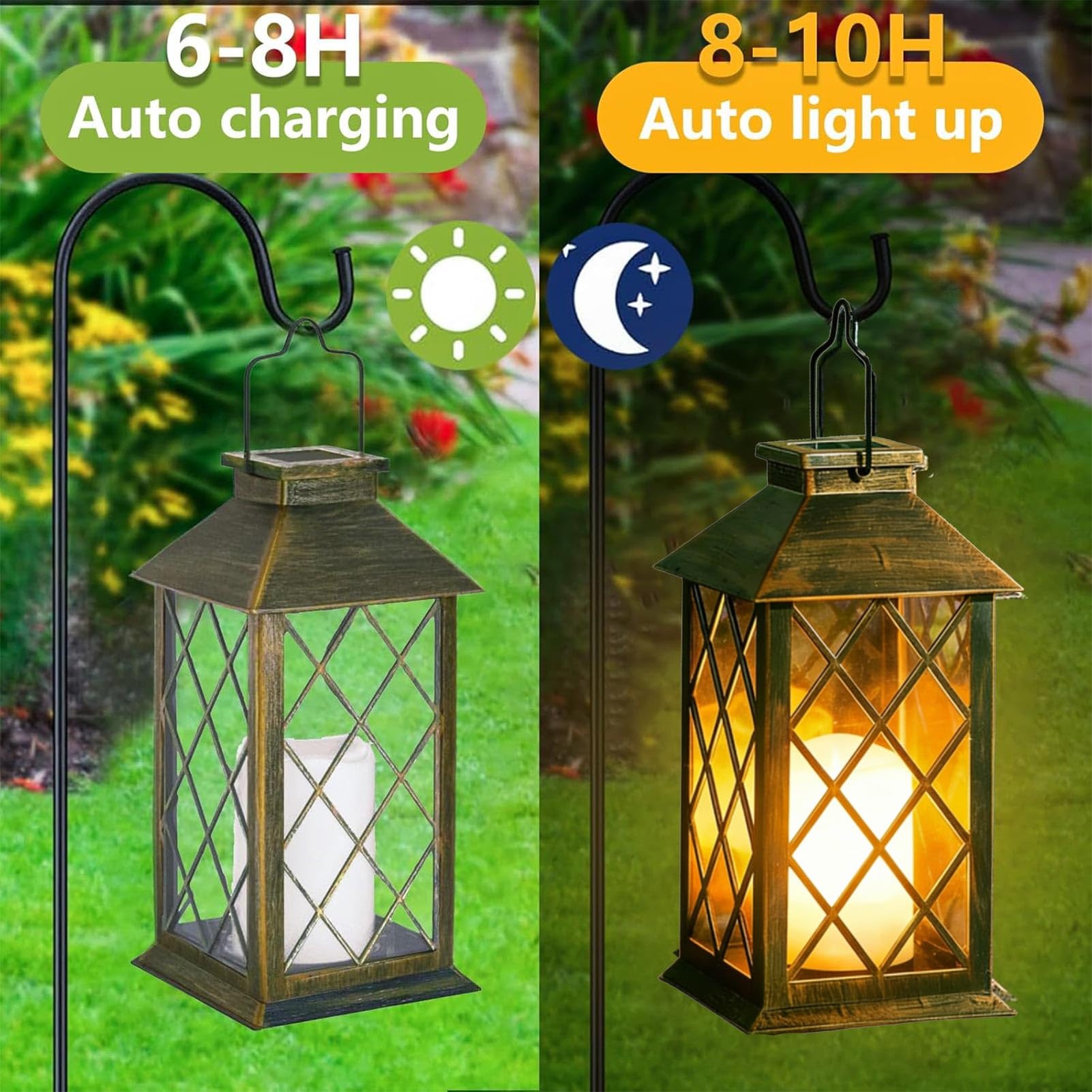 Joycome Farolillos Solares Exterior 2 Piezas Lampara Solar Exterior Jardin con Vela Parpadeante, Impermeable Decoración Terraza, Farol Solar para Jardin Mesa Terraza Valla Tumba y Regalos - Bronce