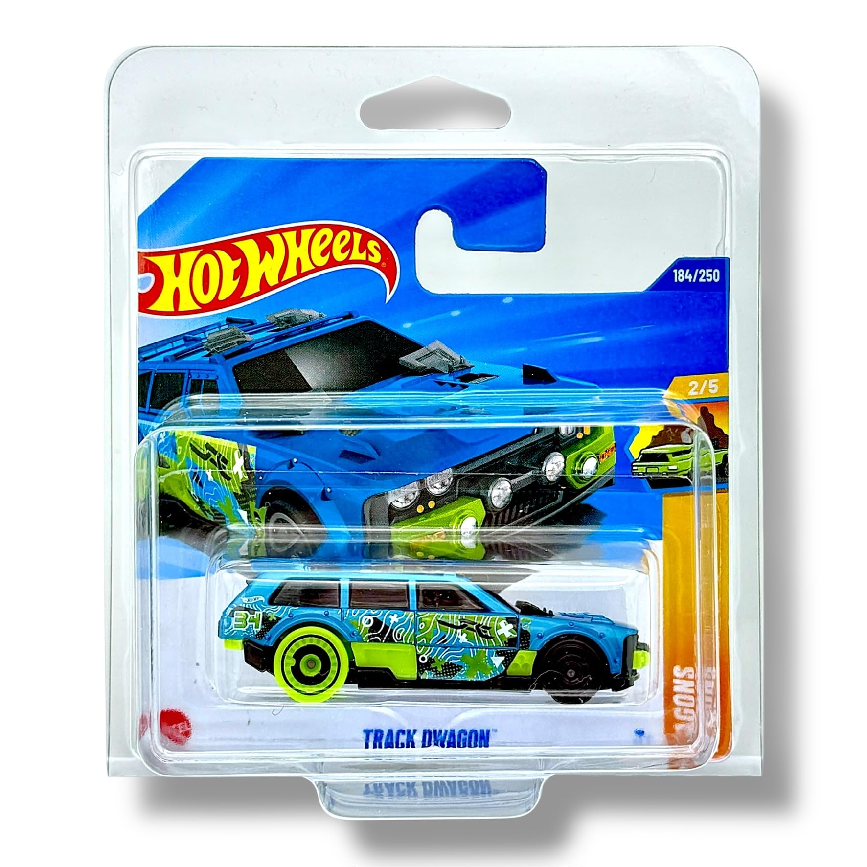 Hot Wheels Track Dwagon (Blue, Green & White) 2/5 Wagons - 2025-184/250 (Short Card) - includes a KLAS Car Keeper Protector Case - JBB81