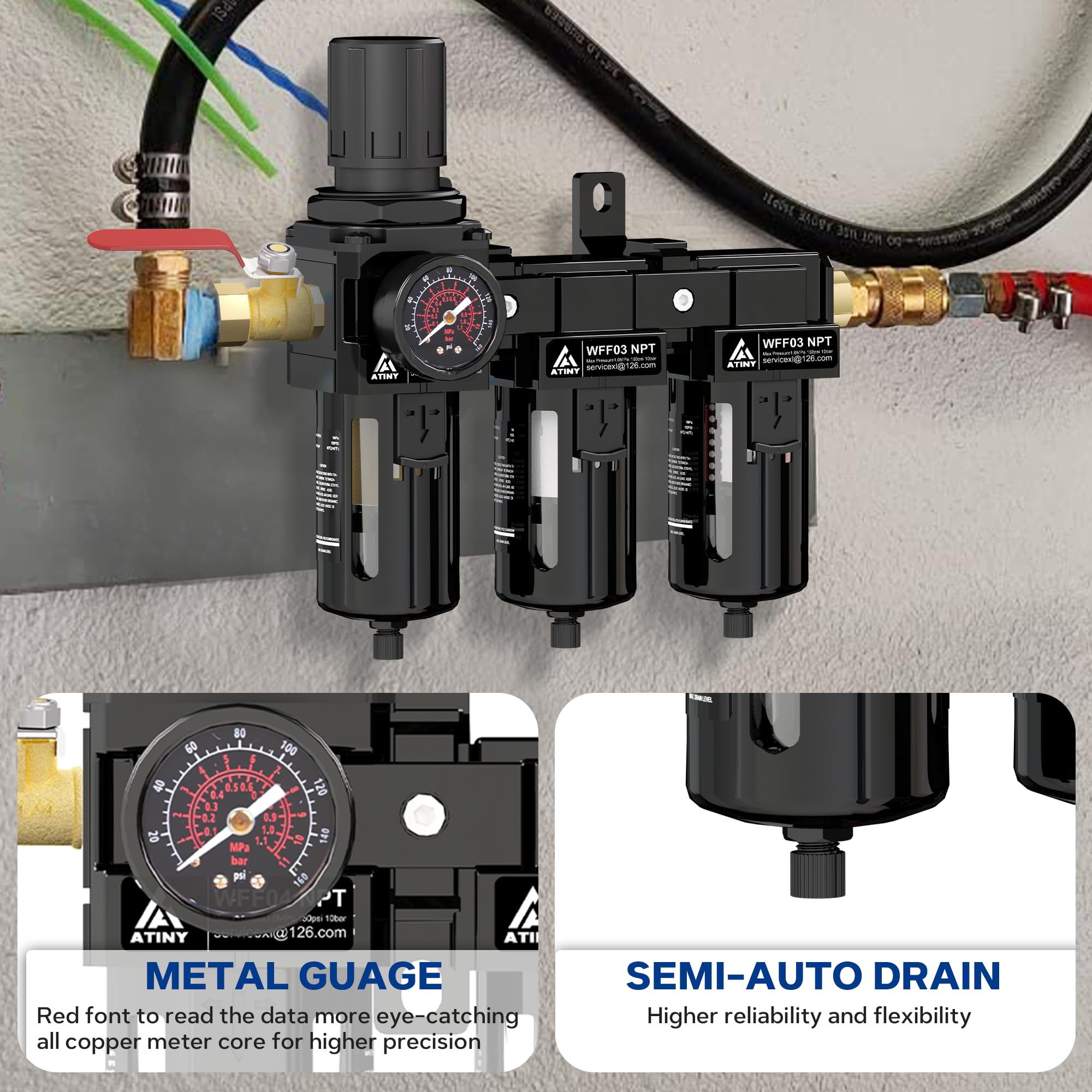 3/8 Zoll Dreifach-Luftdruckregler für Spritzpistolen und Pnuematikwerkzeuge, 5 & 0,5 & 0,01 Mikron Filter Wasserabscheider, halbautomatischer Abfluss, Metallhalterung, Schwarz