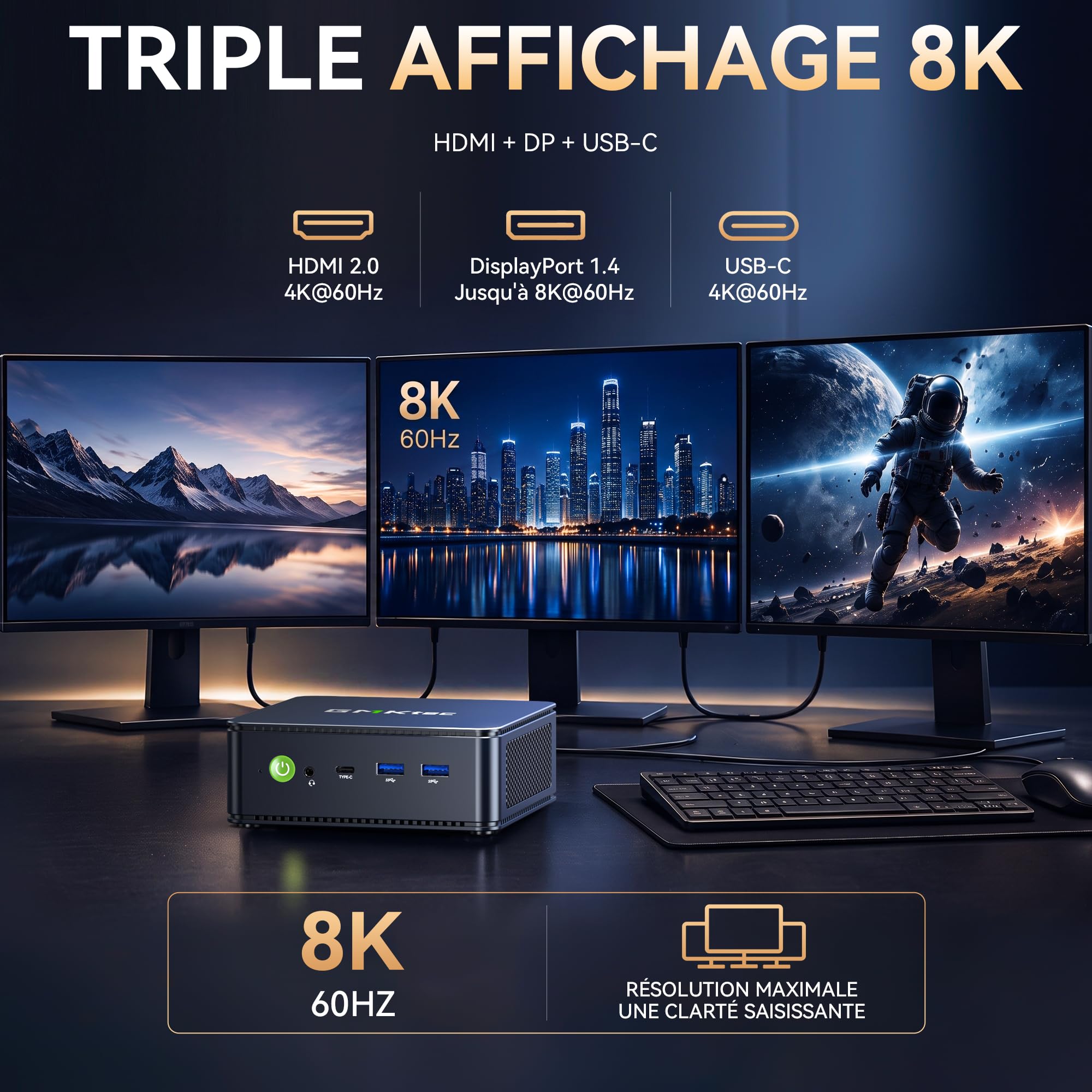 GMKtec Mini PC M5 S, mini PC AMD Ryzen 5400U, 16 Go de RAM DDR4 (double canaux), 512 Go SSD | pour bureau et maison, double LAN 2,5 Gbit/s, WiFi 6E, triple écran, USB‑C, HDMI 2.0, DisplayPort