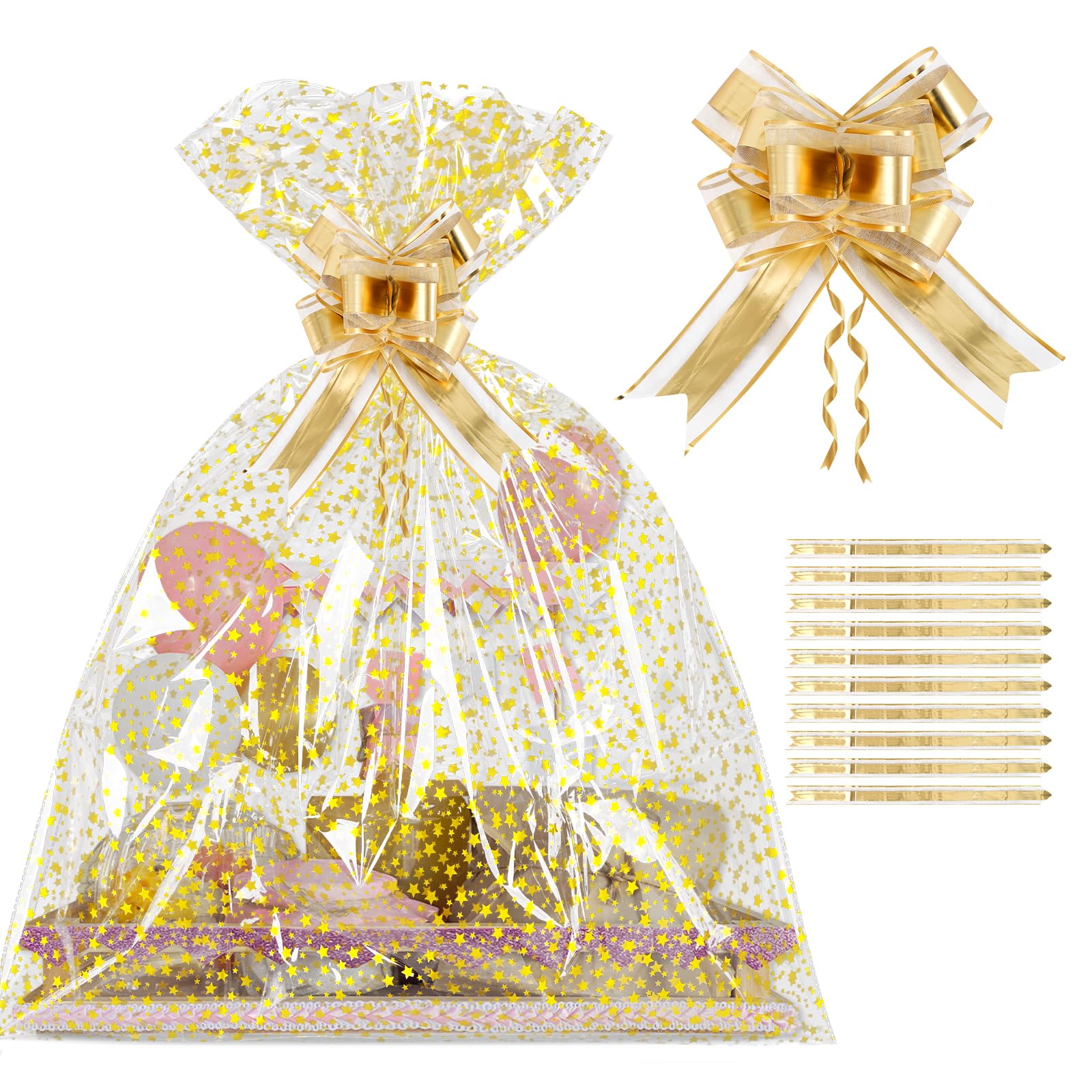 COQOFA 20 Pieces Large Cello/Cellophane Bags,24x30 Inches Clear Basket Gift Bags Gold Star Printed OPP Plastic Cellophane Wrap for Baskets Gift