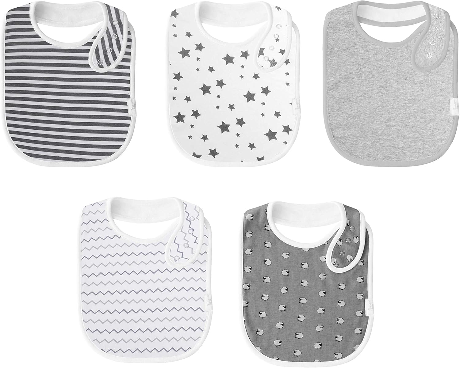 Budding Bear Baberos Bebe Unisex Algodón 100% Orgánico (Pack de 5) - Baberos Bebe Grises y Blancos - Pechitos con Forro Toalla Absorbente - 4 Botones a Presión Libre de Níquel - 0 a 36 Meses